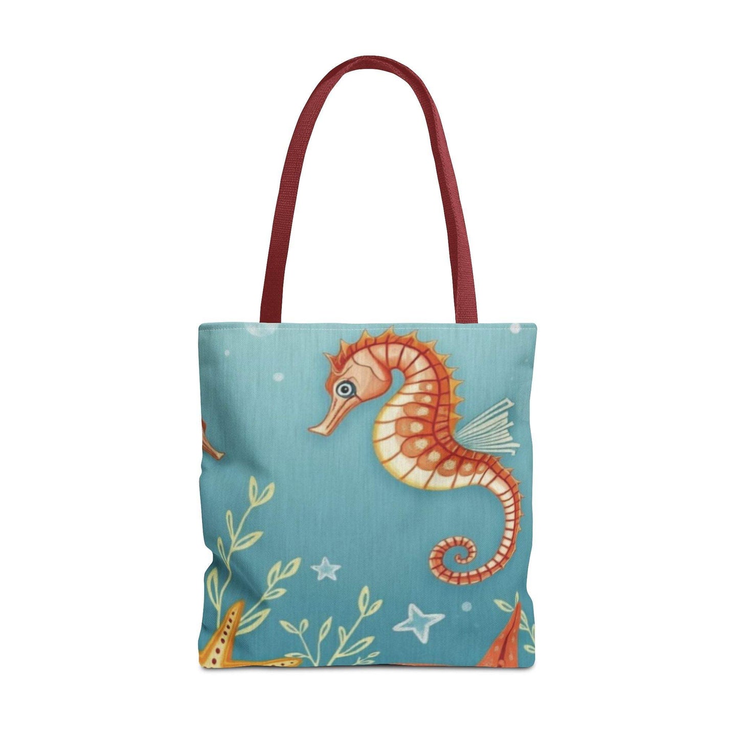 Coastal seahorse beach tote bag with vibrant ocean design.