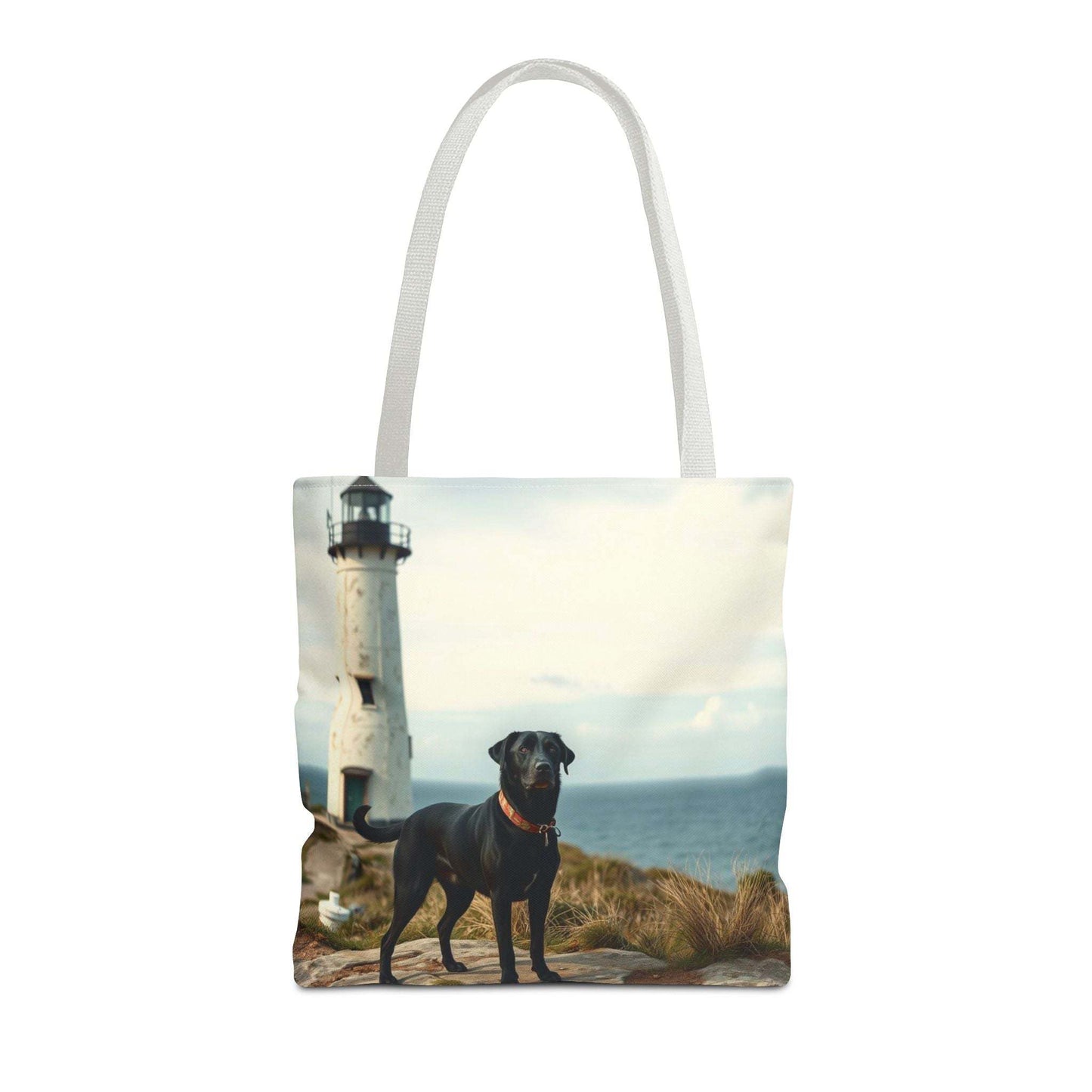 Coastal Canine Tote Bag featuring dog and lighthouse design, perfect for beach days and dog lovers.