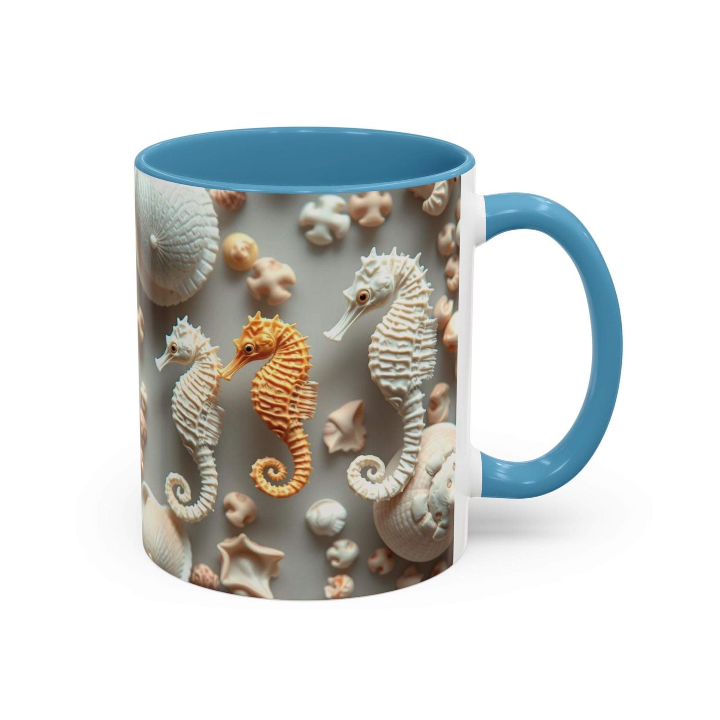 Seahorse Accent Coffee Mug with Nautical Design and Blue Handle