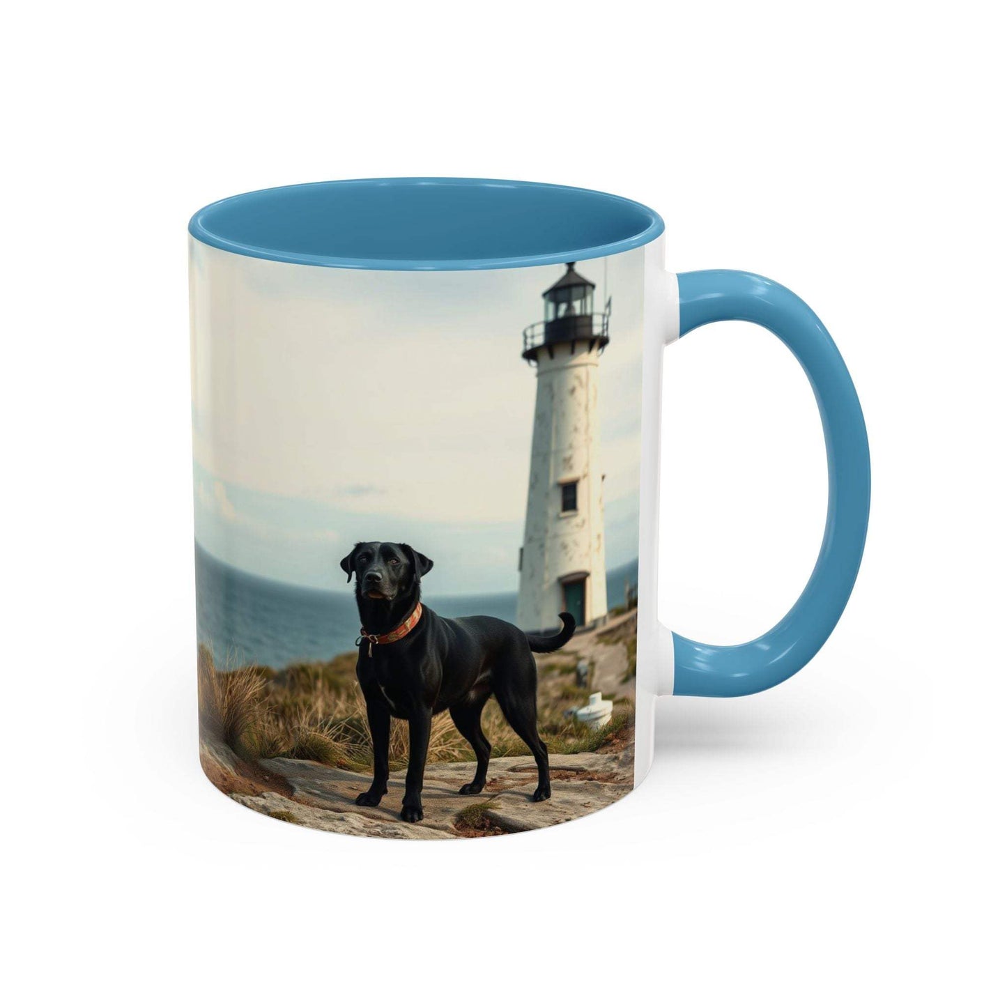 Ocean-themed coffee mug with lighthouse and dog design, vibrant blue interior.