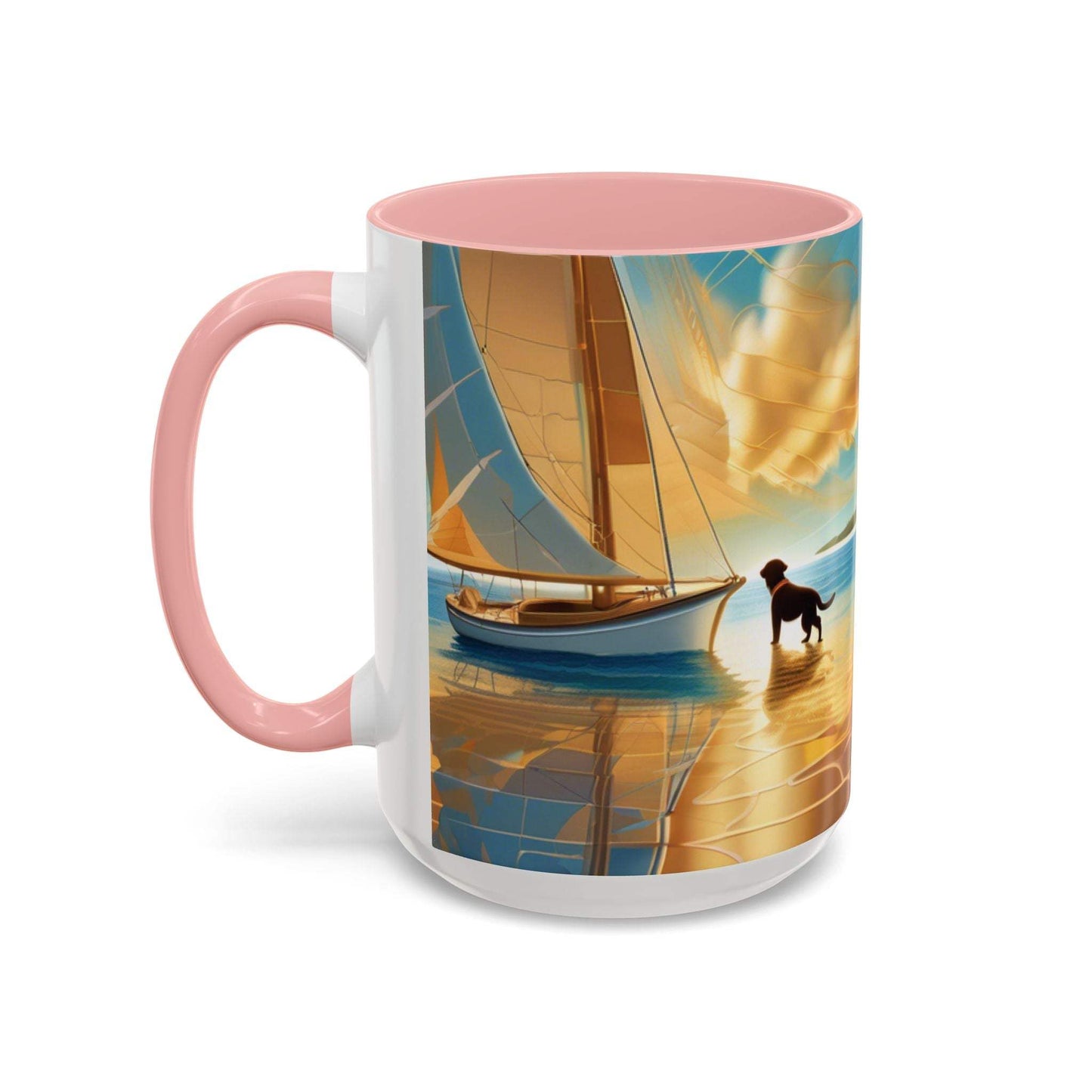 Serene Sunset Dog Lover's Mug with sailboat and dog, pink interior, available in 11oz and 15oz sizes.