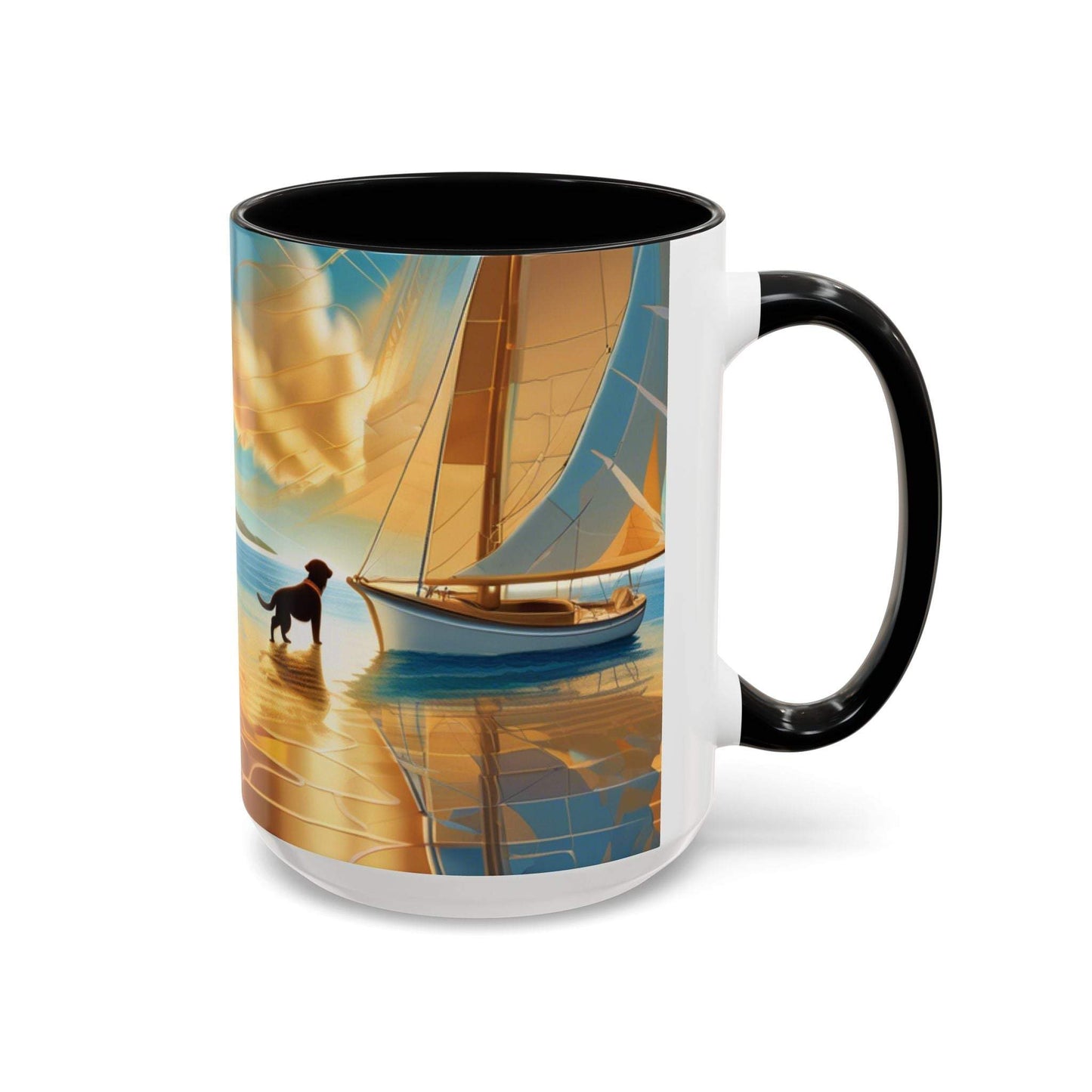 Serene Sunset Dog Lover's Mug with vibrant boat artwork, available in 11oz and 15oz sizes.