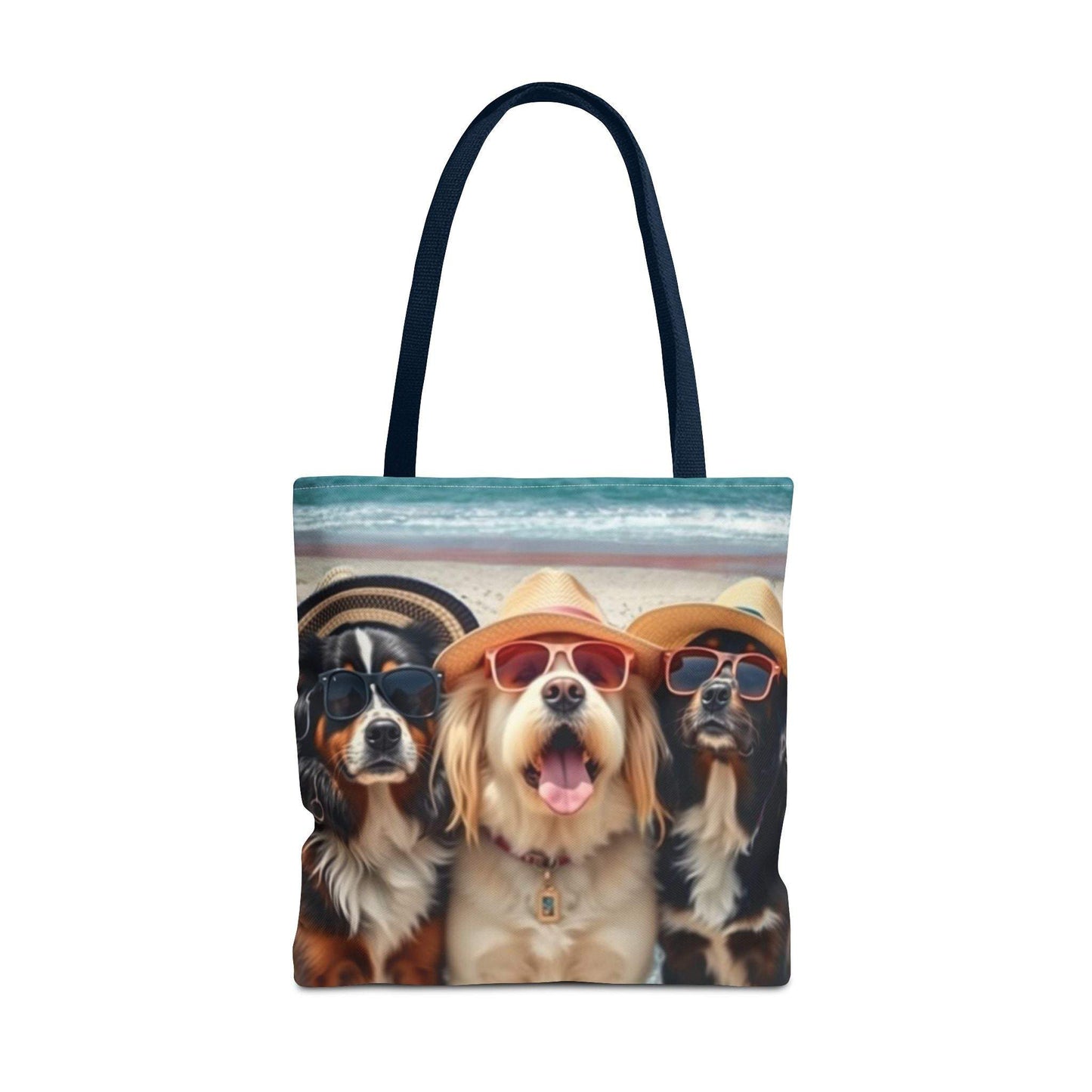 Trendy tote bag with dogs in sunglasses design for pet lovers.
