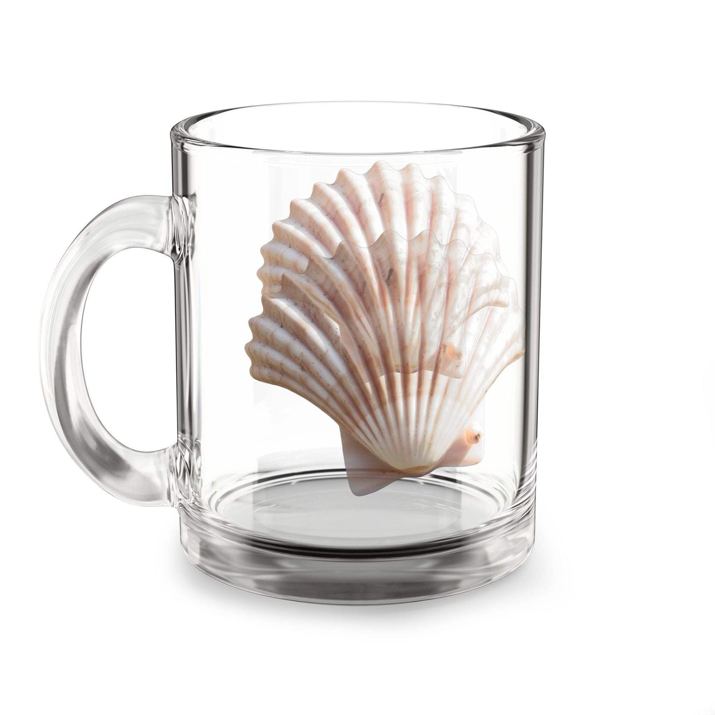 SeashellCoffee glass mug with ergonomic handle, 10oz coastal design, clear glass.