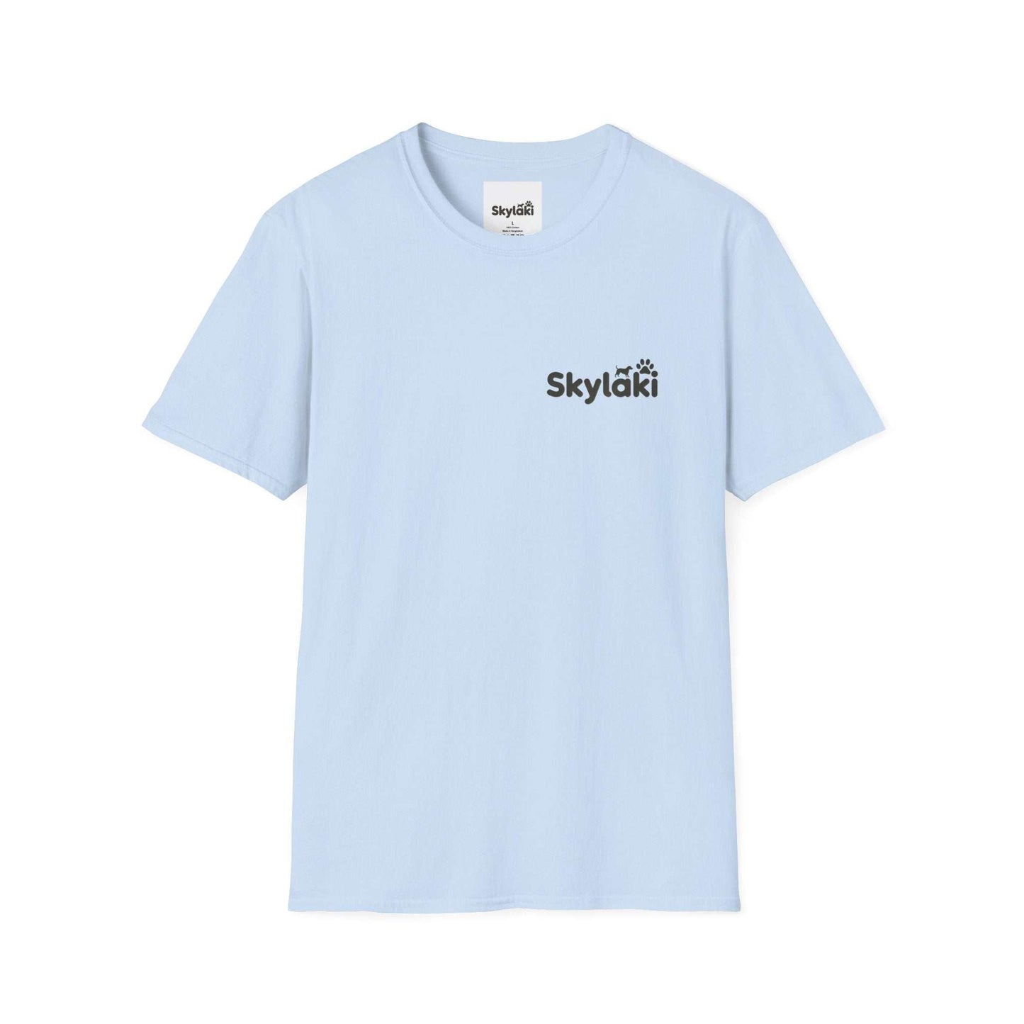 Unisex Softstyle T-Shirt in light blue with minimalist design, featuring a crew neckline and short sleeves.