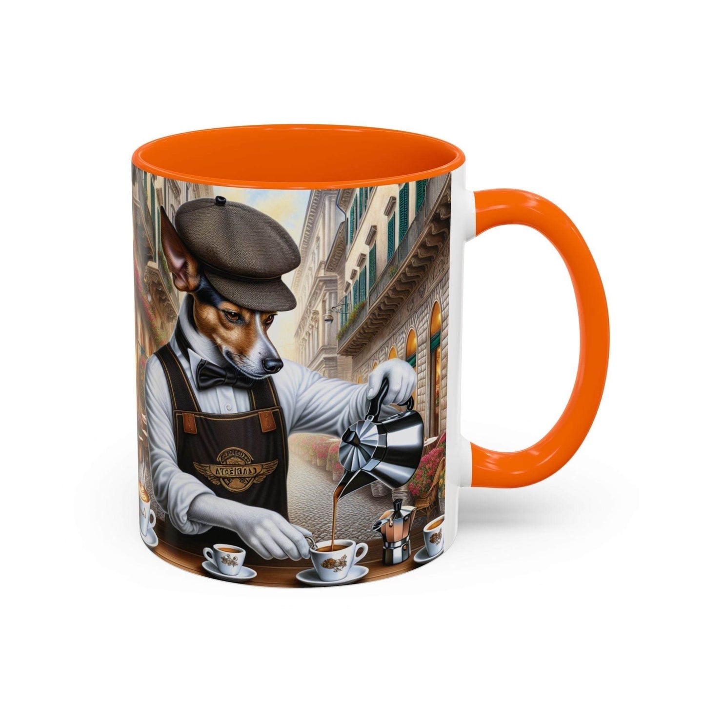 Artistic Dog Barista Coffee Mug with vibrant design, available in 11oz and 15oz, perfect for dog lovers.