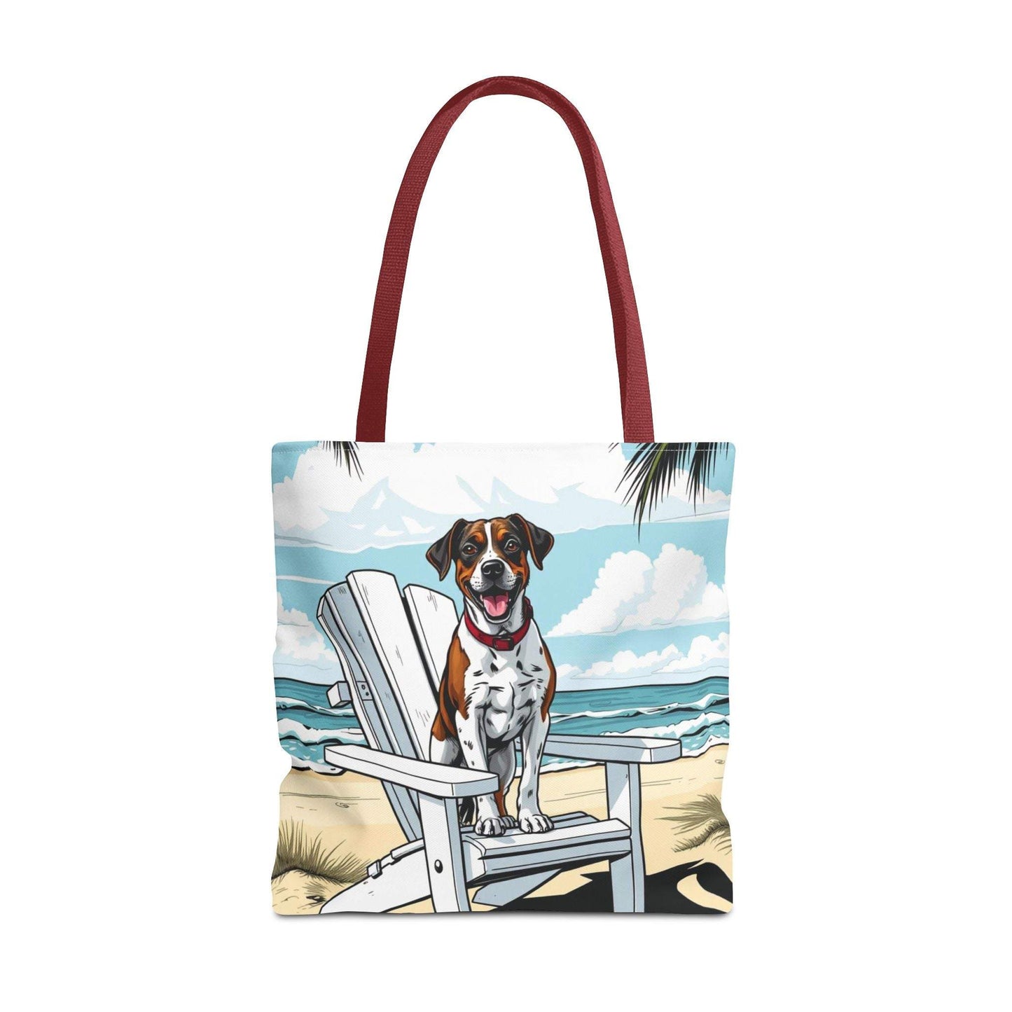 Vibrant beach tote bag with dog artwork for pet lovers and beach adventures.
