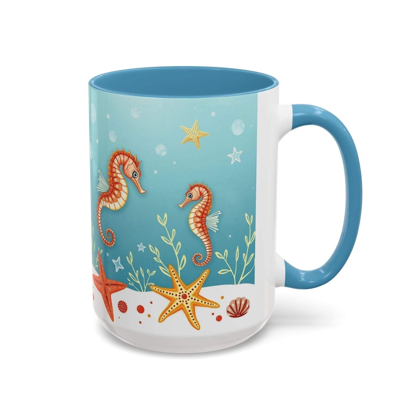 Ocean-themed accent coffee mug with seahorses and starfish design.