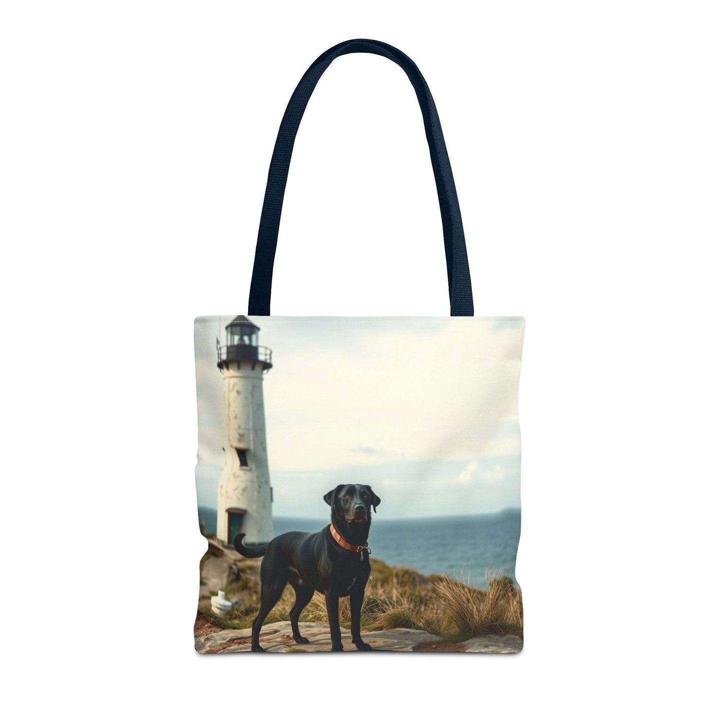 Coastal Canine Tote Bag featuring dog and lighthouse, perfect for beach outings and pet lovers.