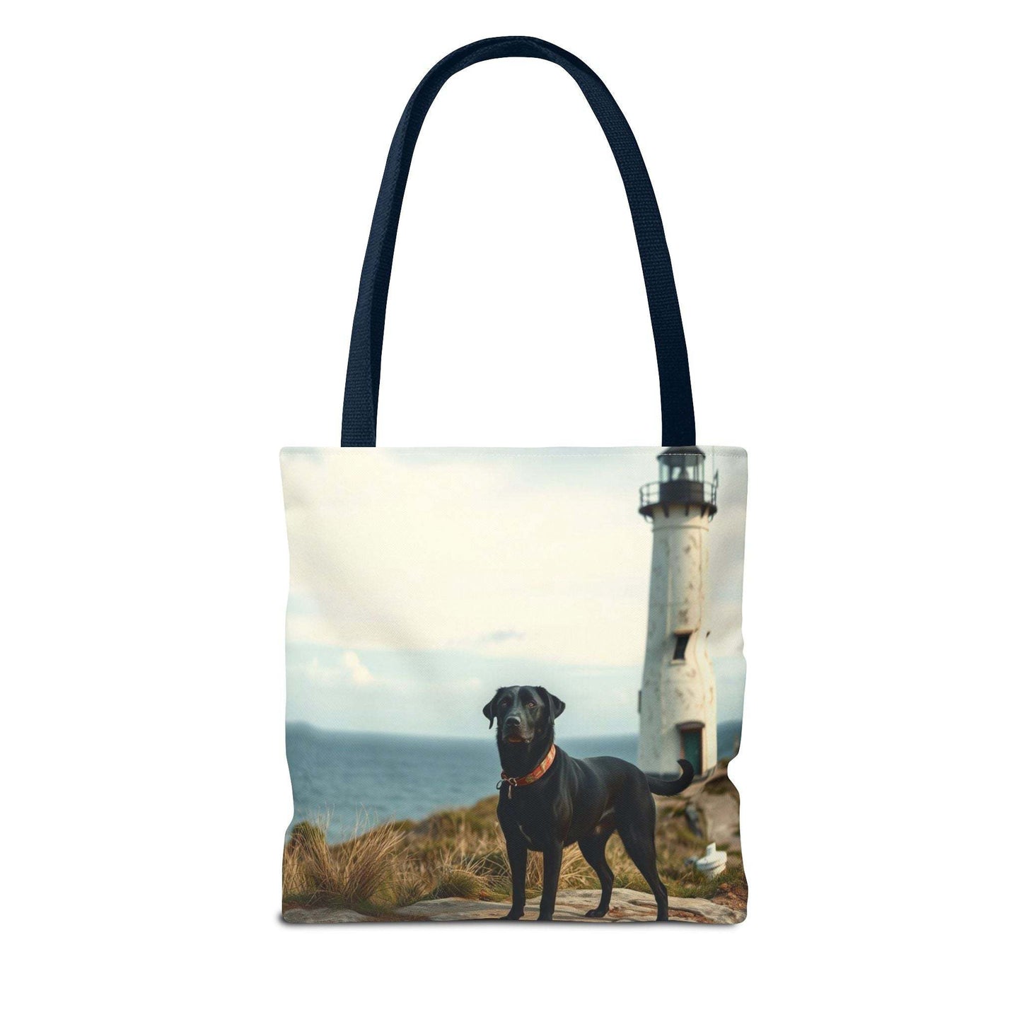 Coastal Canine Tote Bag featuring a dog and lighthouse design, ideal for beach days and dog lovers.
