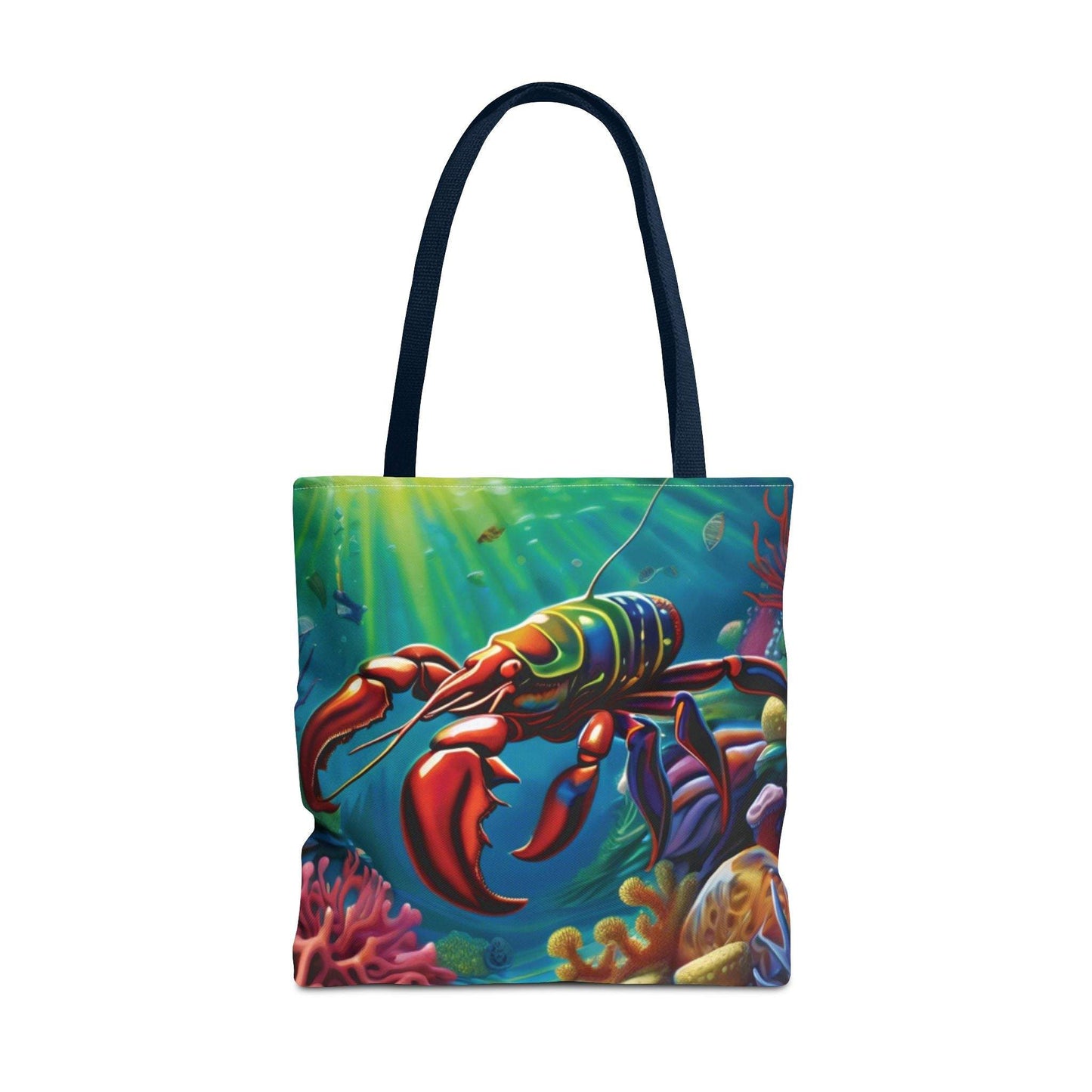 Vibrant Lobster Tote Bag with colorful marine design and black handles.