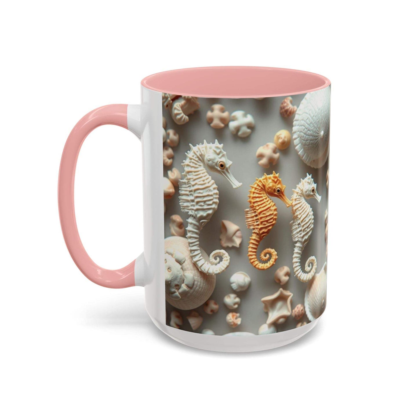 Seahorse accent coffee mug with vibrant nautical design and pink handle.