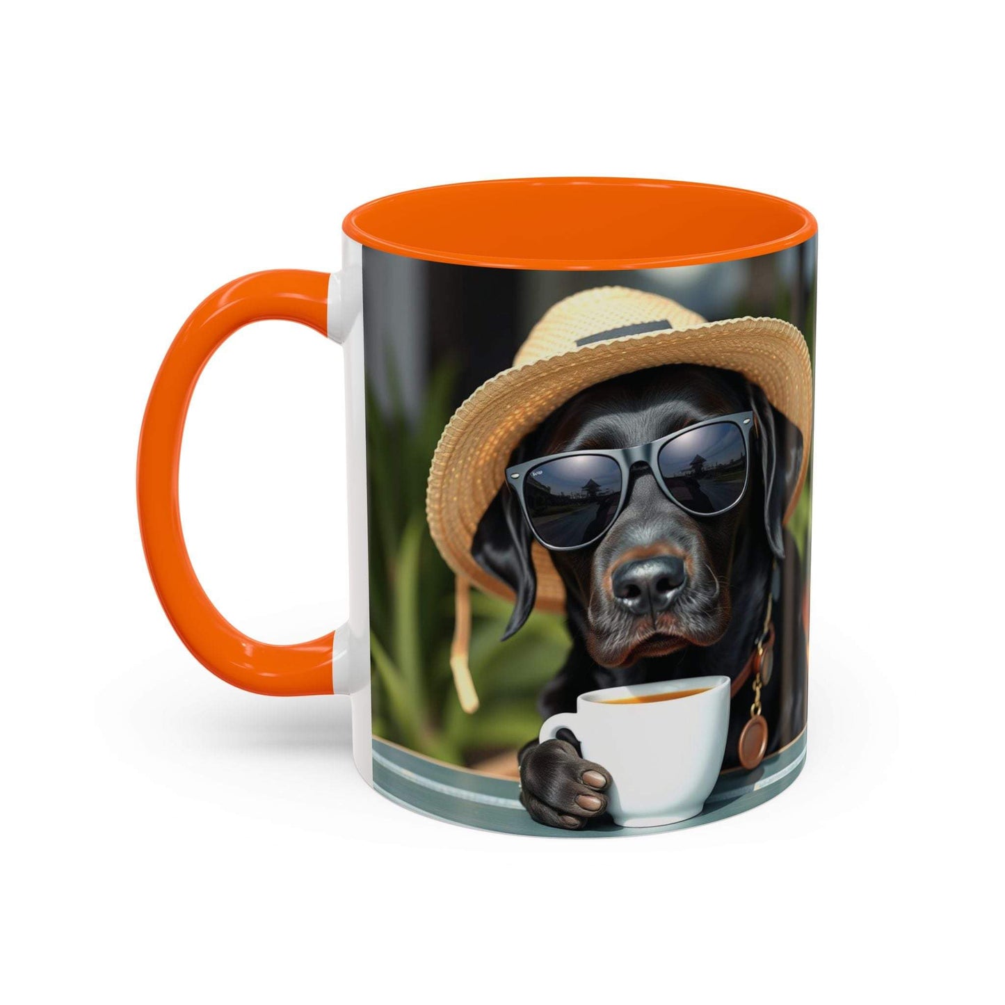 Coffee mug for dog lovers with playful design, 11/15oz, orange interior.