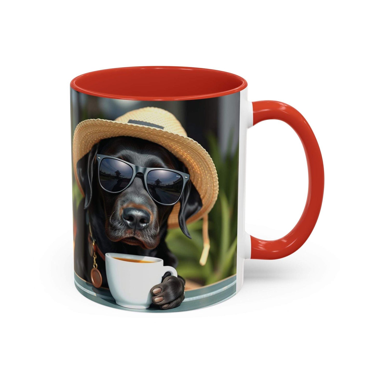 Coffee mug with playful dog design wearing sunglasses and hat, perfect for dog lovers.