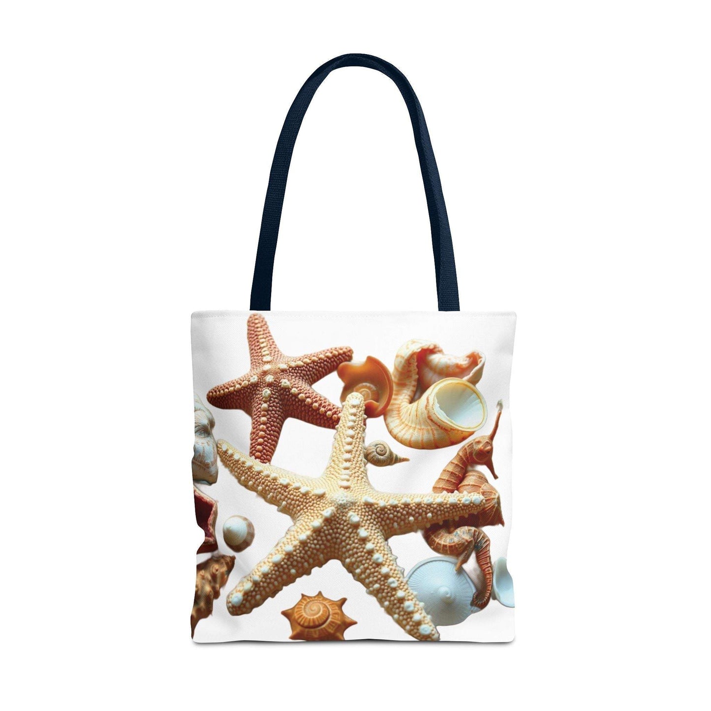 Beach tote bag with seashell and starfish design, durable polyester, ideal for carrying summer essentials.