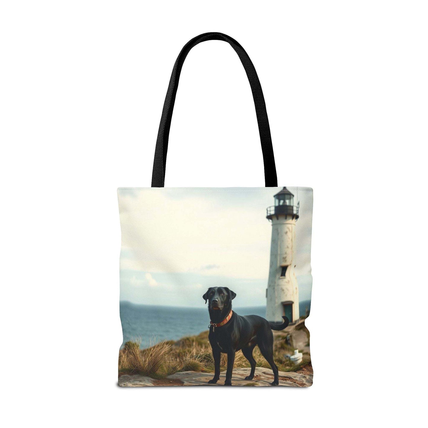 Coastal Canine Tote Bag featuring a dog and lighthouse design, ideal for beach-loving pet enthusiasts.