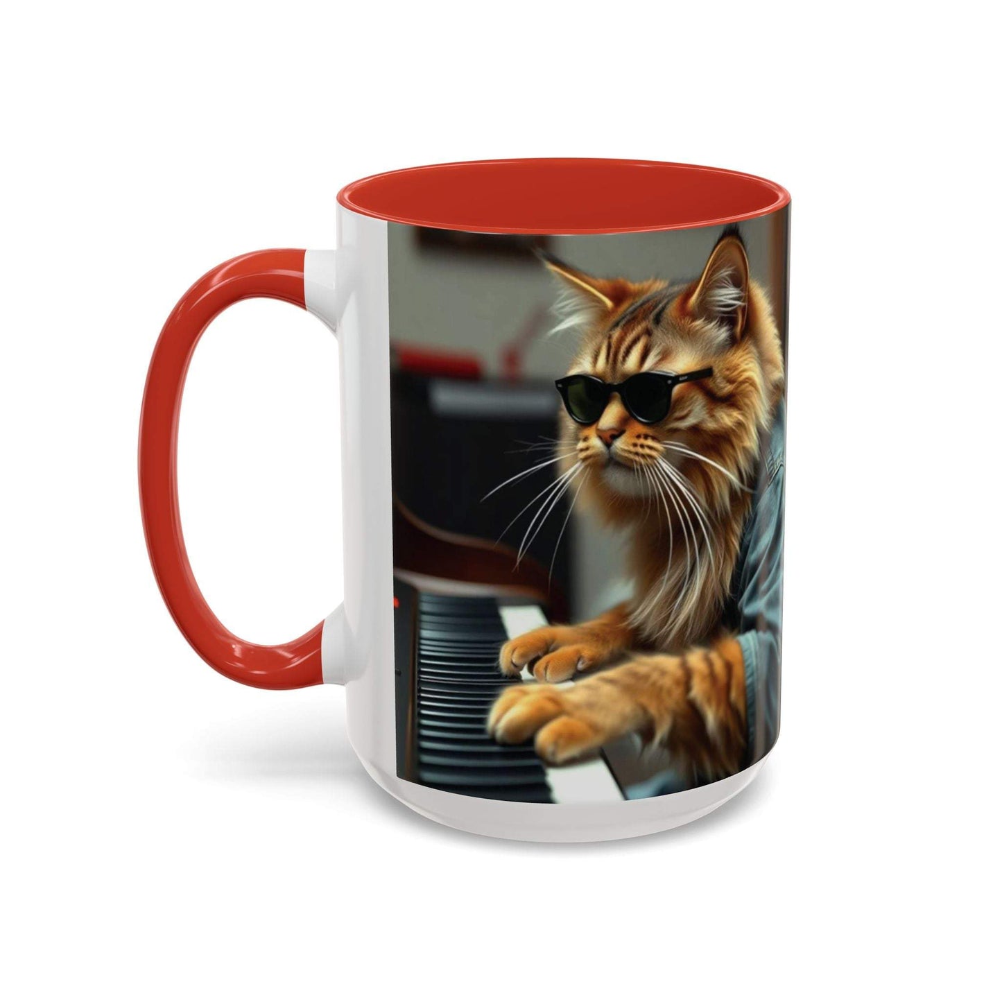 Cat playing piano coffee mug with vibrant colors and C-shaped handle.