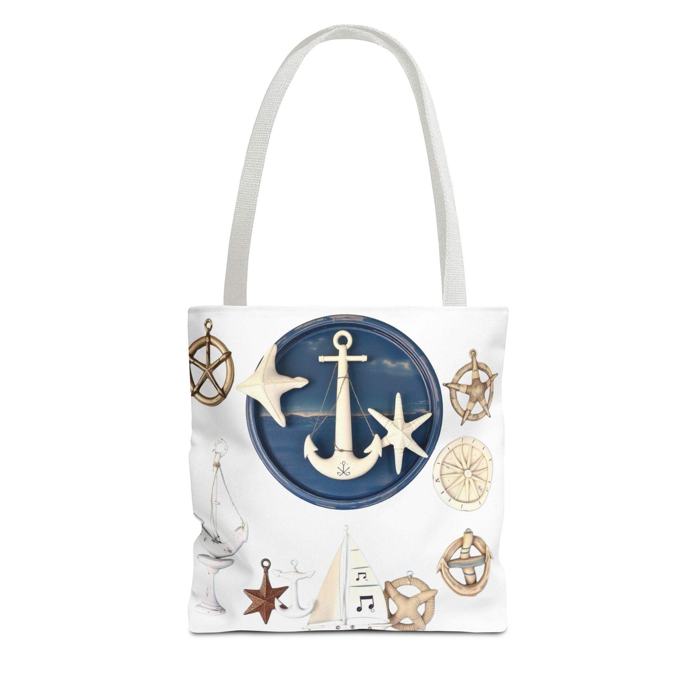 Nautical tote bag with anchor and star motif, durable polyester, perfect for beach and everyday use.