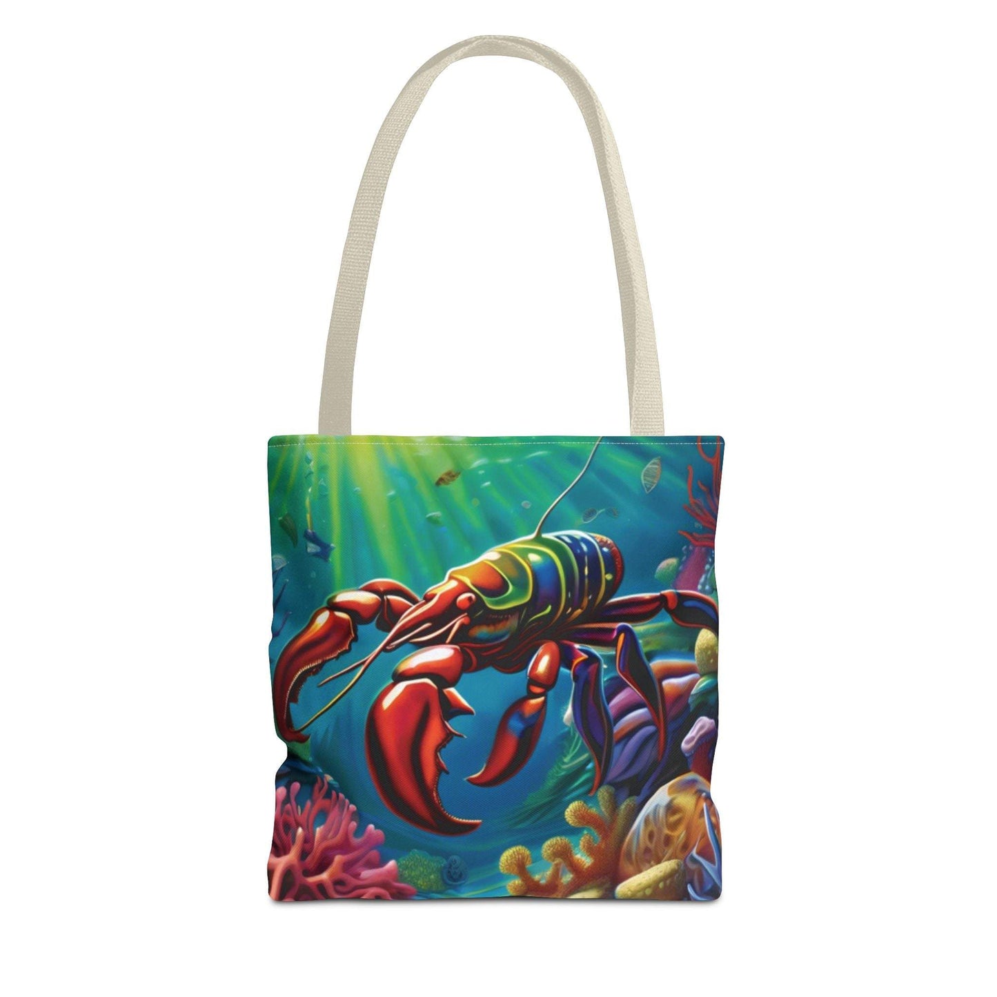Lobster tote bag with vibrant ocean graphic, ideal for beach lovers and marine enthusiasts.