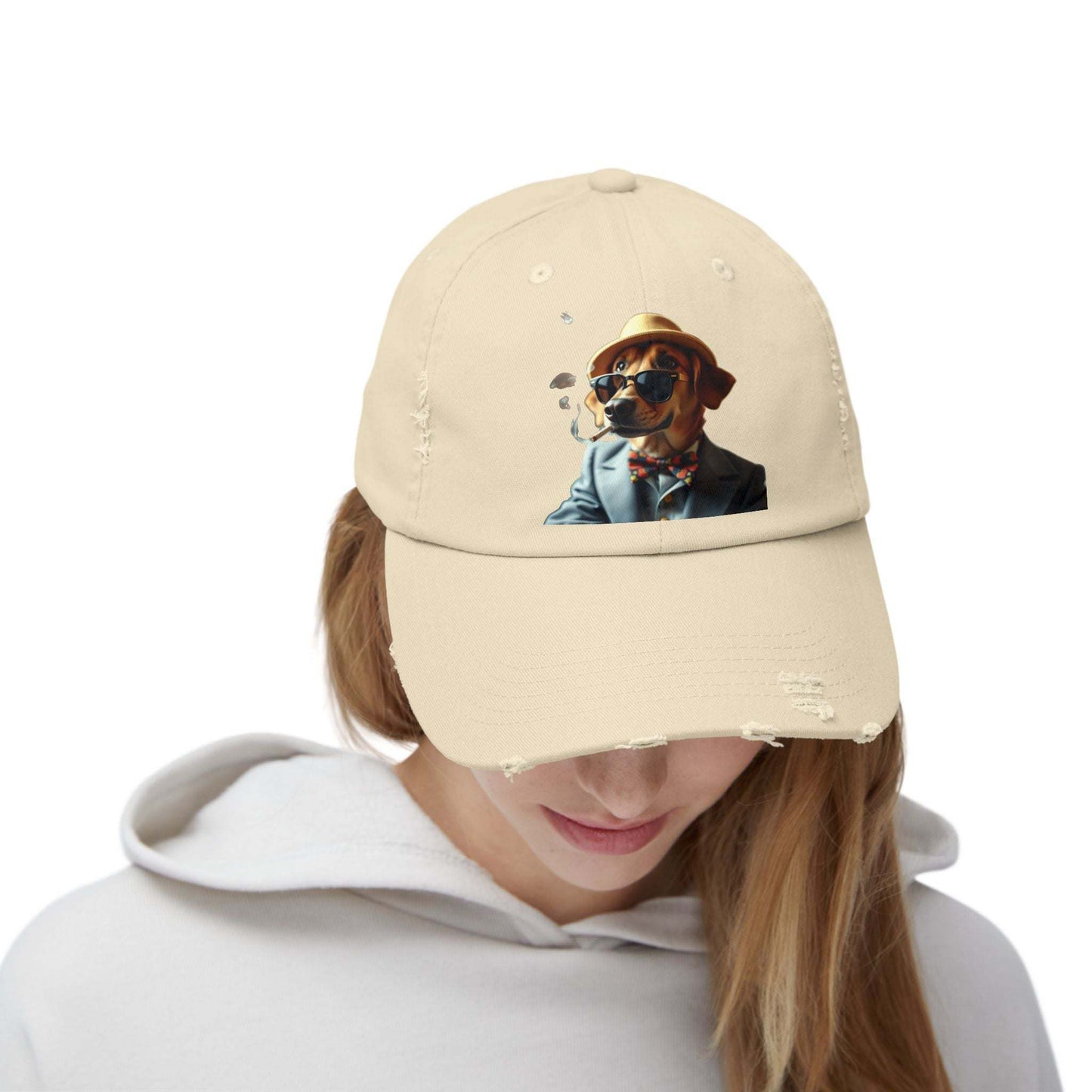 Stylish distressed Fun baseball cap with fun dog design, perfect for casual wear.