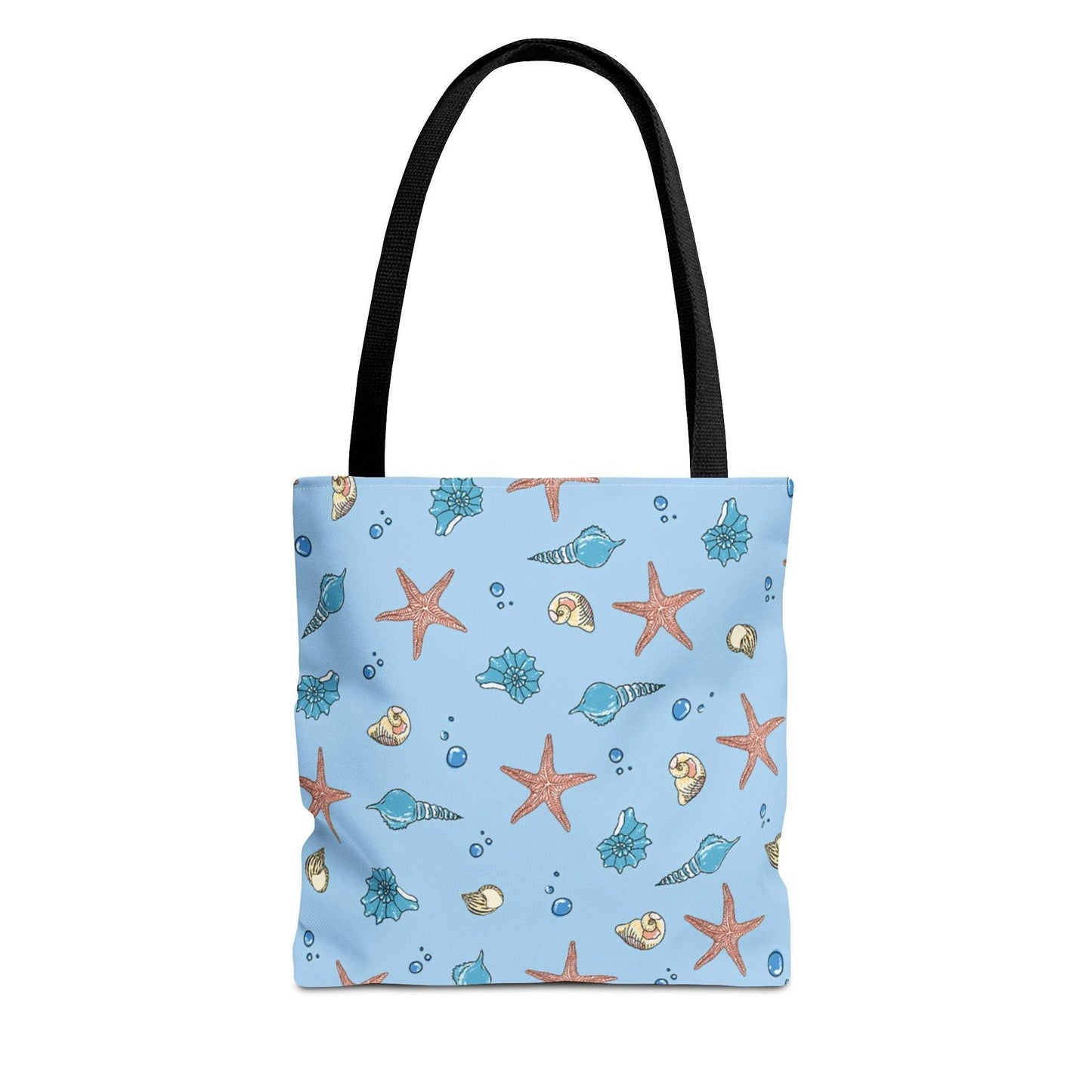 Beach Tote Bag with Shell and Starfish Design on light blue background.