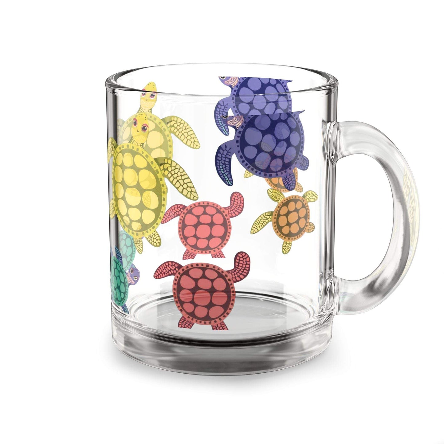 Glass mug with colorful turtle design, 10oz, ideal for beach lovers.