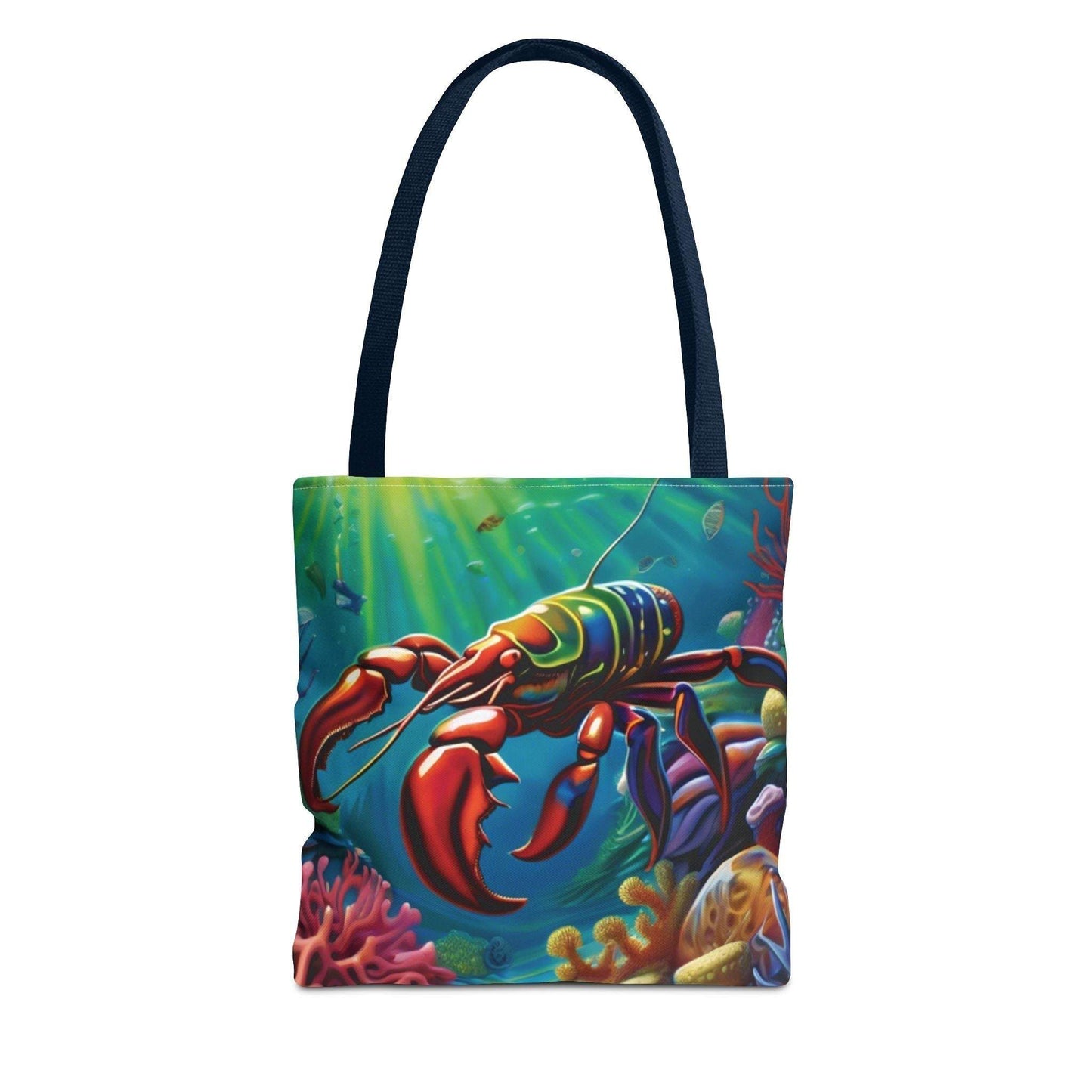Vibrant Lobster Tote Bag with ocean design and colorful marine life, perfect for beach outings.