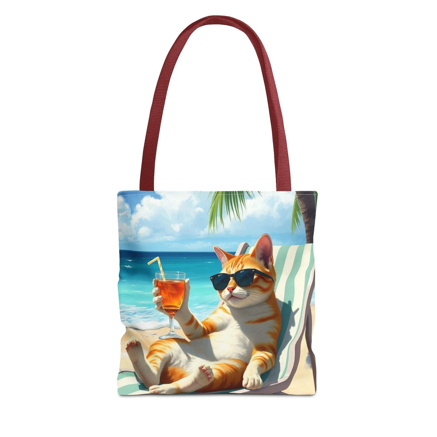 Cat tote bag with relaxed cat design, perfect for beach adventures and summer outings.
