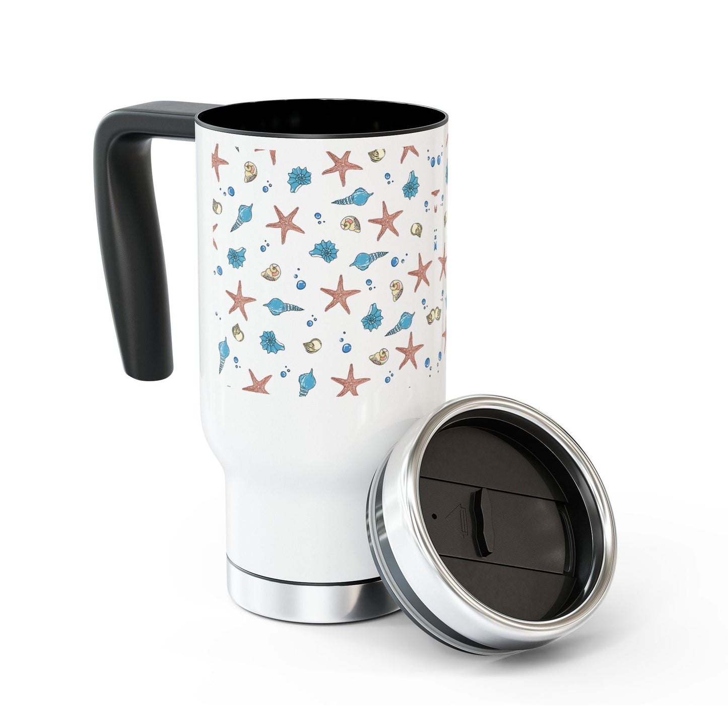 Beach-themed stainless steel coffee mug with handle, glossy enamel finish, 14oz capacity.