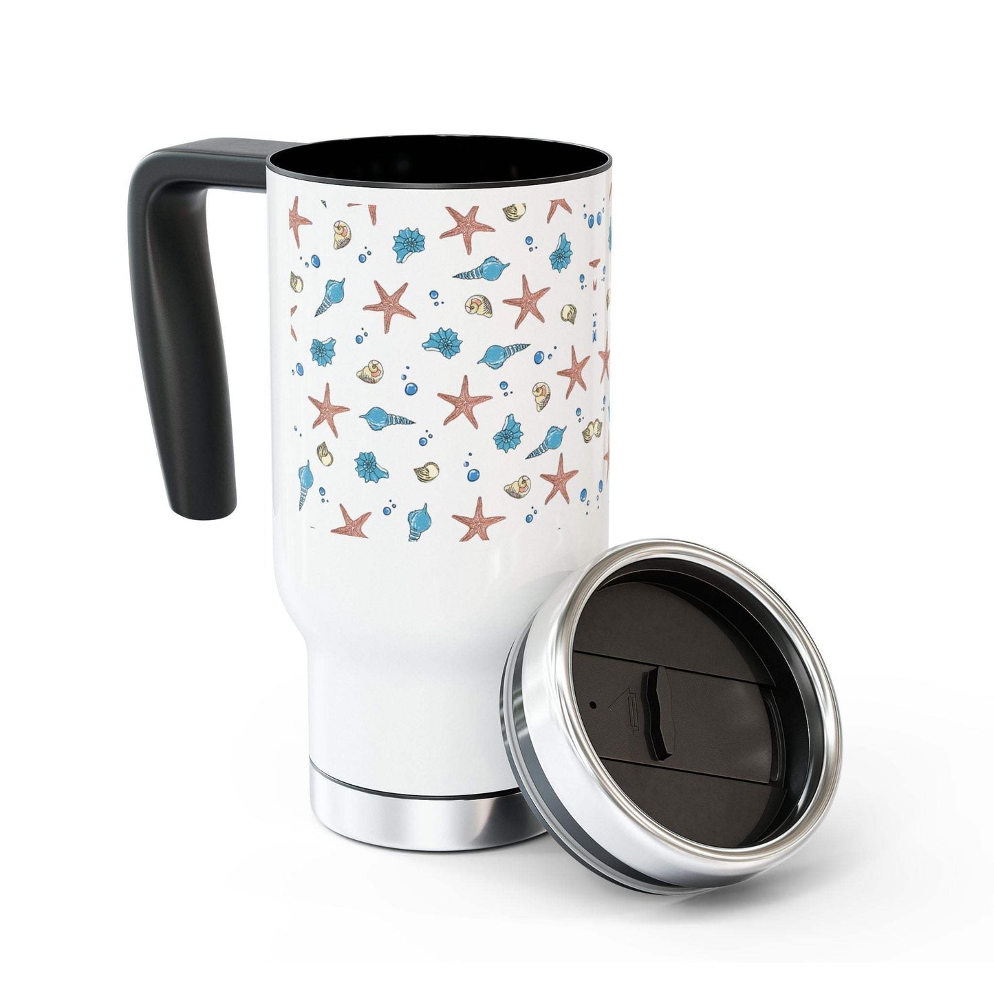 Beach themed stainless steel coffee mug with handle, 14oz, glossy white enamel finish, spill-resistant cap.
