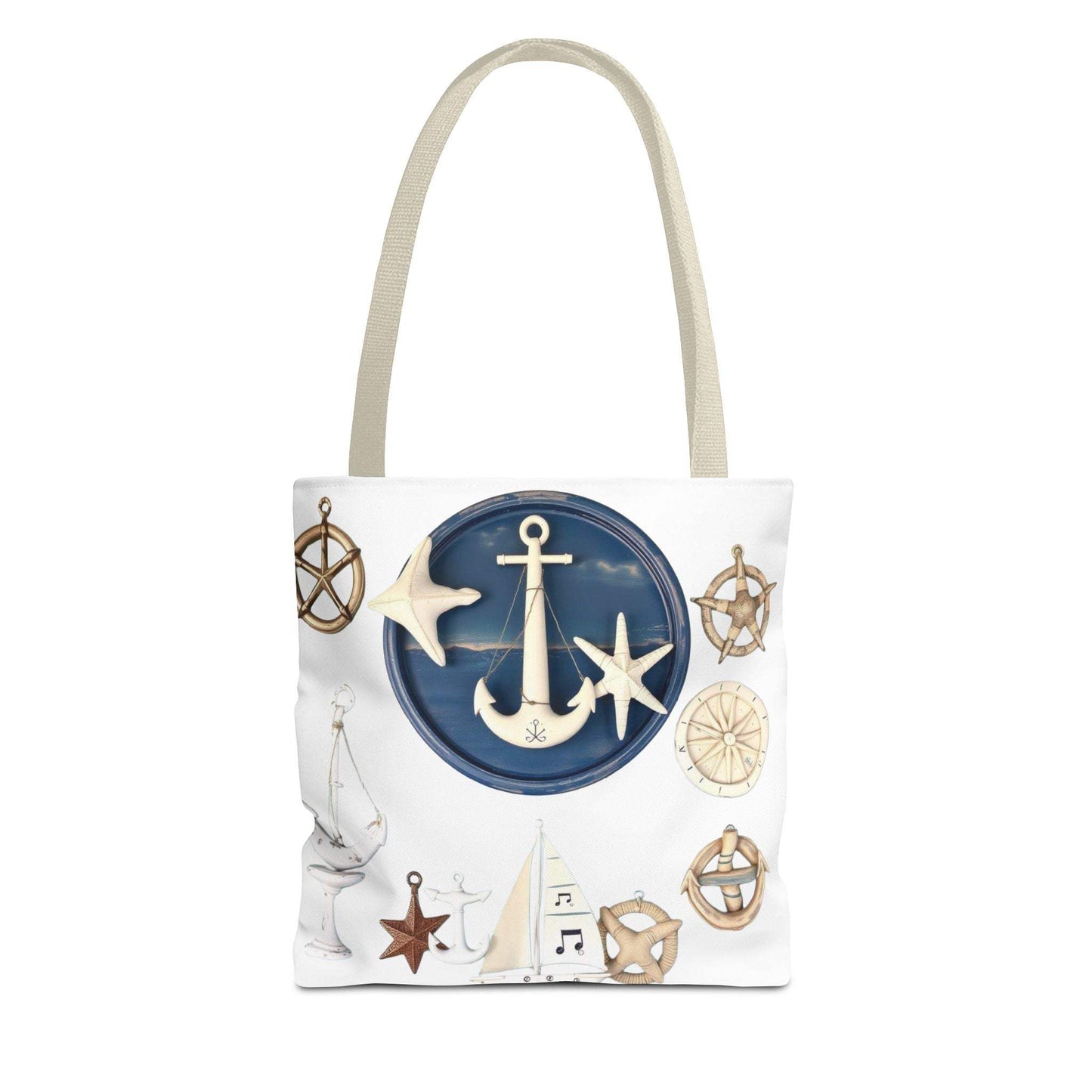 Nautical tote bag with anchor and star motif, polyester, durable, coastal design.