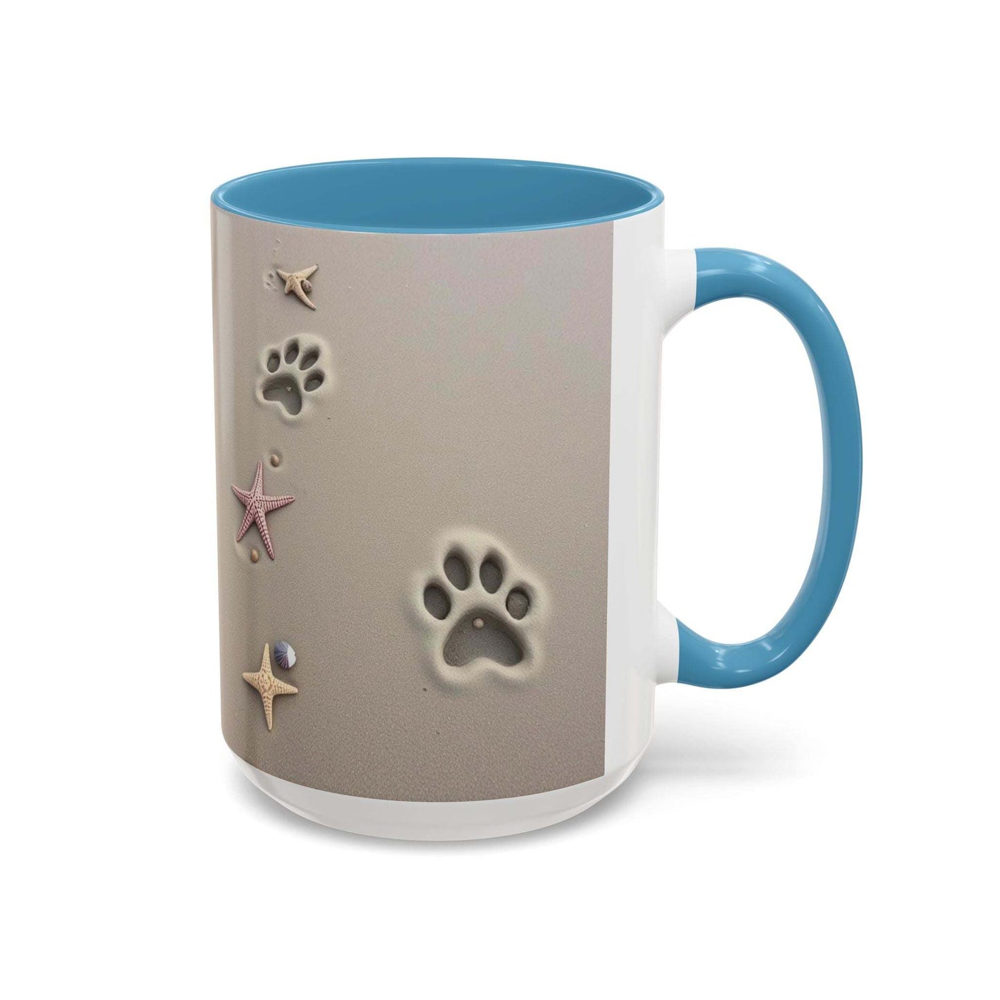 Nautical Coffee Mug with starfish and paw prints design, perfect for beach lovers.