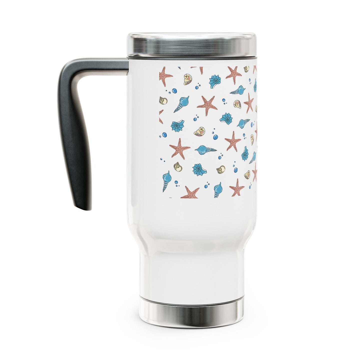 Beach themed stainless steel coffee mug with handle, 14oz capacity.
