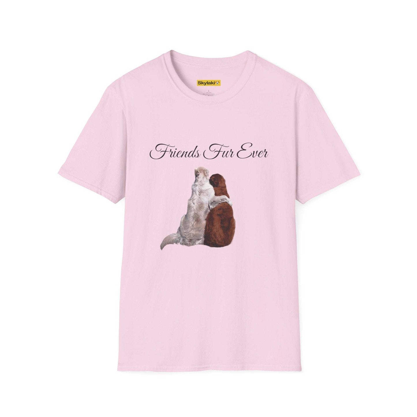 Unisex pink T-shirt featuring a "Fur-Ever Friends" pet design.