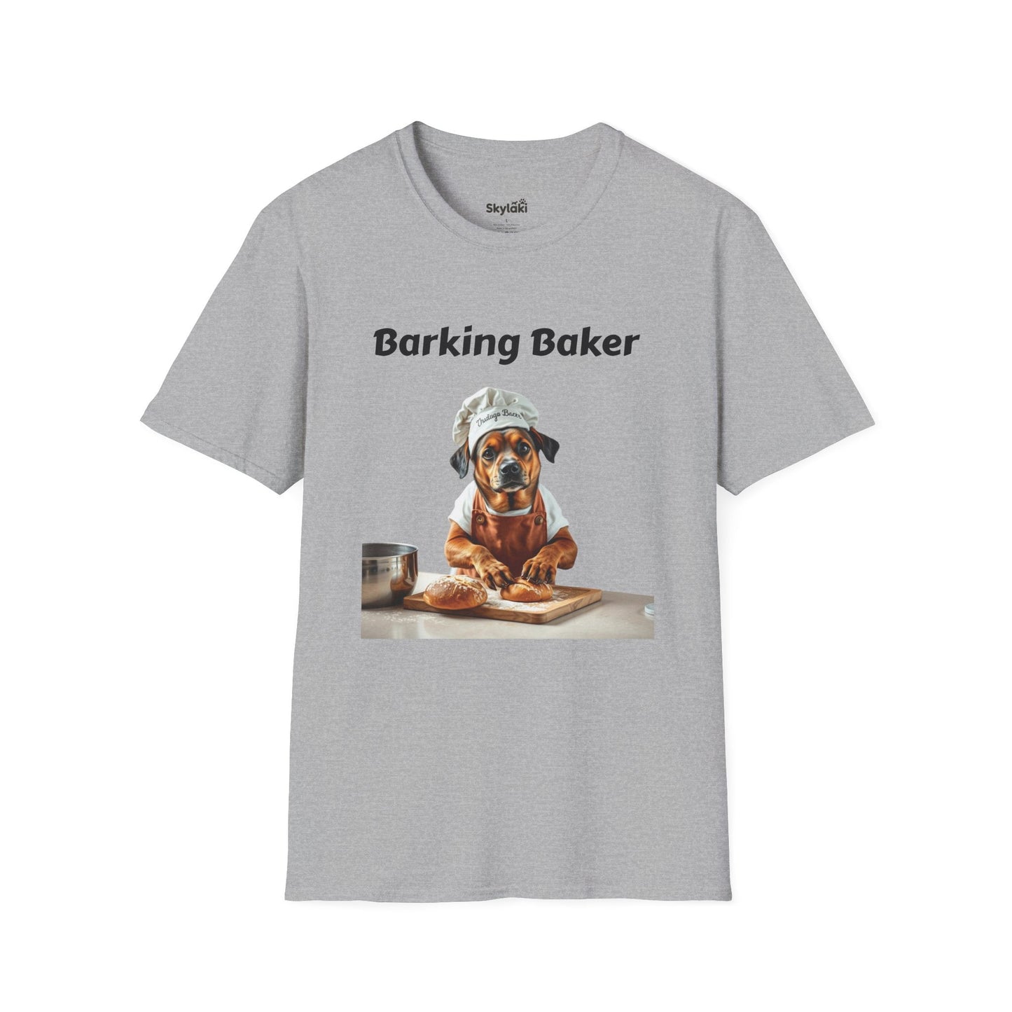 Unisex T-shirt with Barking Baker dog chef design, ideal for baking and dog lovers.