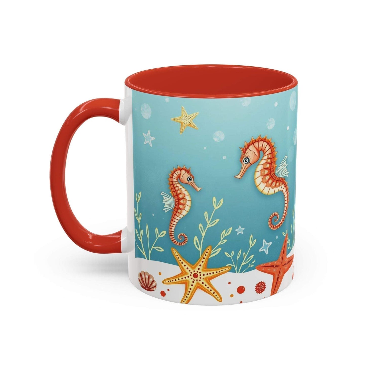 Ocean-Themed Accent Coffee Mug with Seahorses and Starfish in vibrant colors.