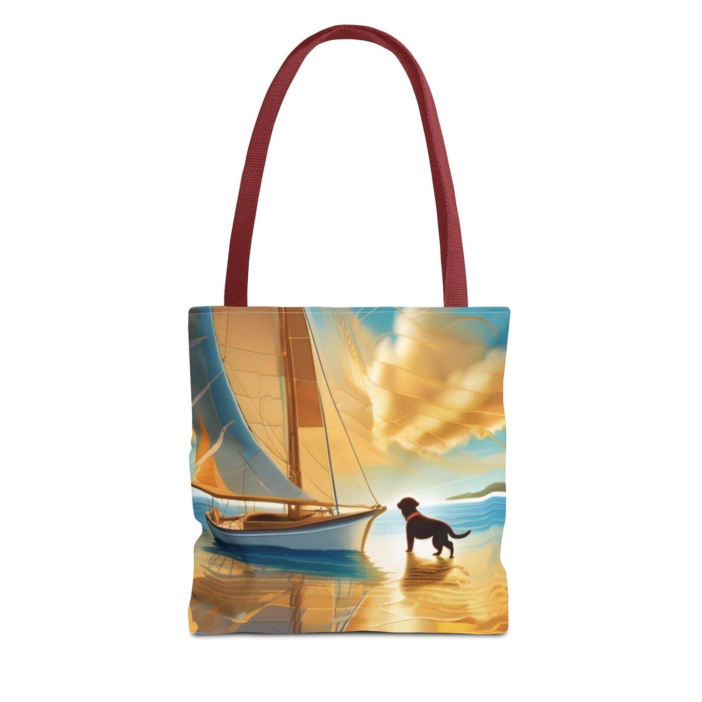 Tote Bag with sailing scene and dog print, perfect for nature and adventure lovers.