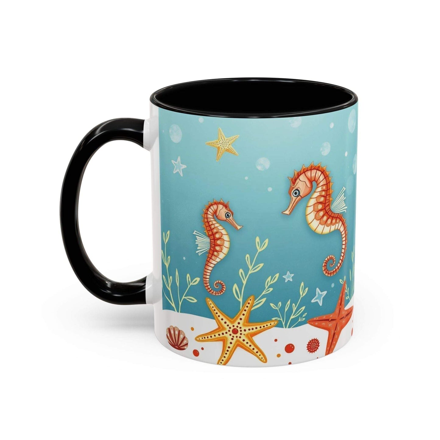 Ocean-themed accent coffee mug with seahorses and starfish design.