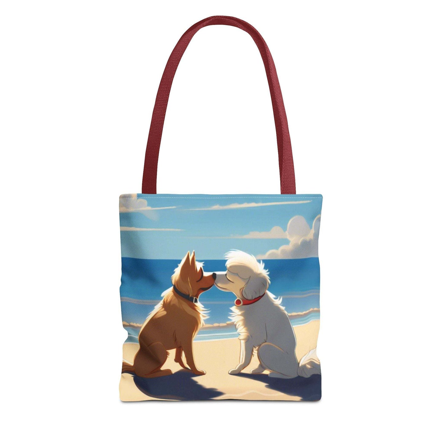 Stylish and durable everyday tote bag with a beach-themed design featuring dogs, available in multiple sizes and handle colors.