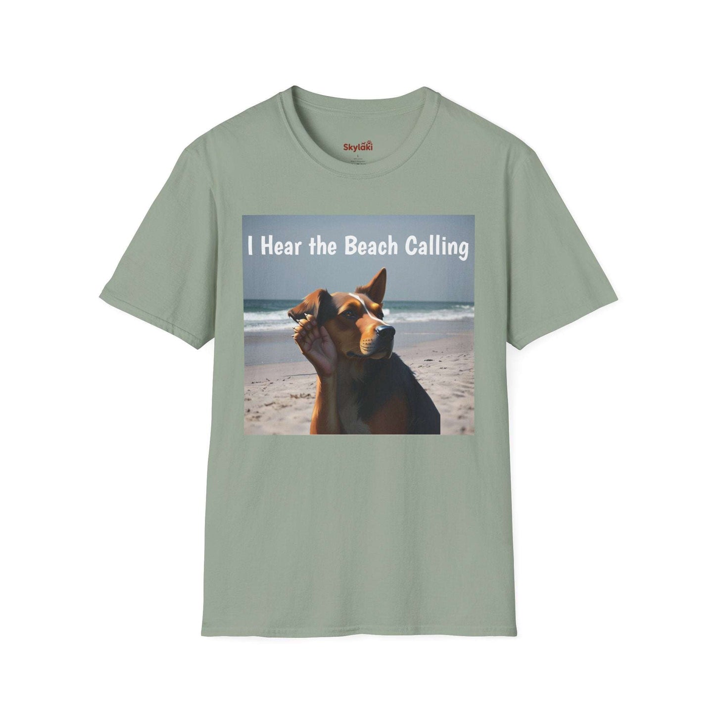 Dog Lovers Unisex Softstyle T-Shirt with "I Hear the Beach Calling" design featuring a dog on a beach.