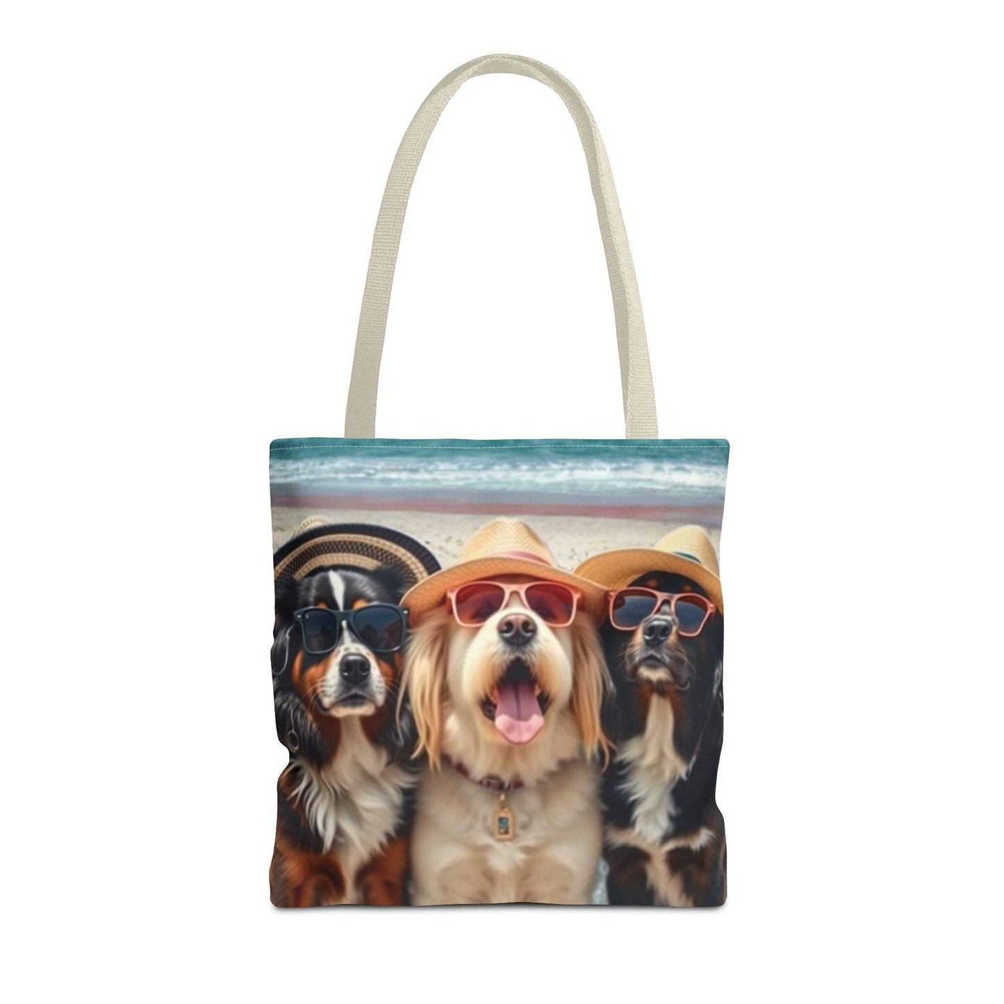 Trendy tote bag with a fun dog companions in sunglasses design for pet lovers.