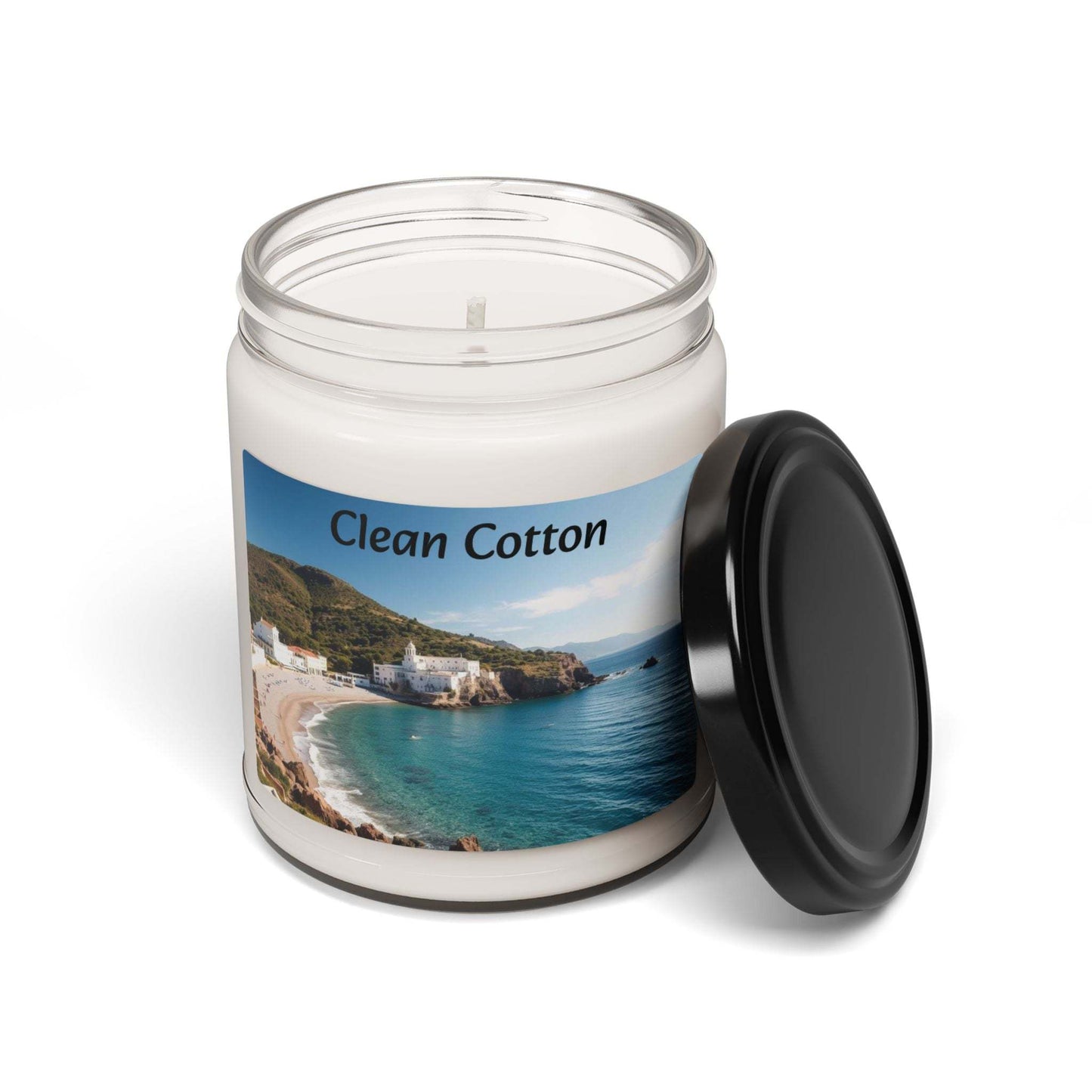 Clean Cotton Scented Soy Candle in 9oz jar, relaxing aromatherapy for home decor and gifts.