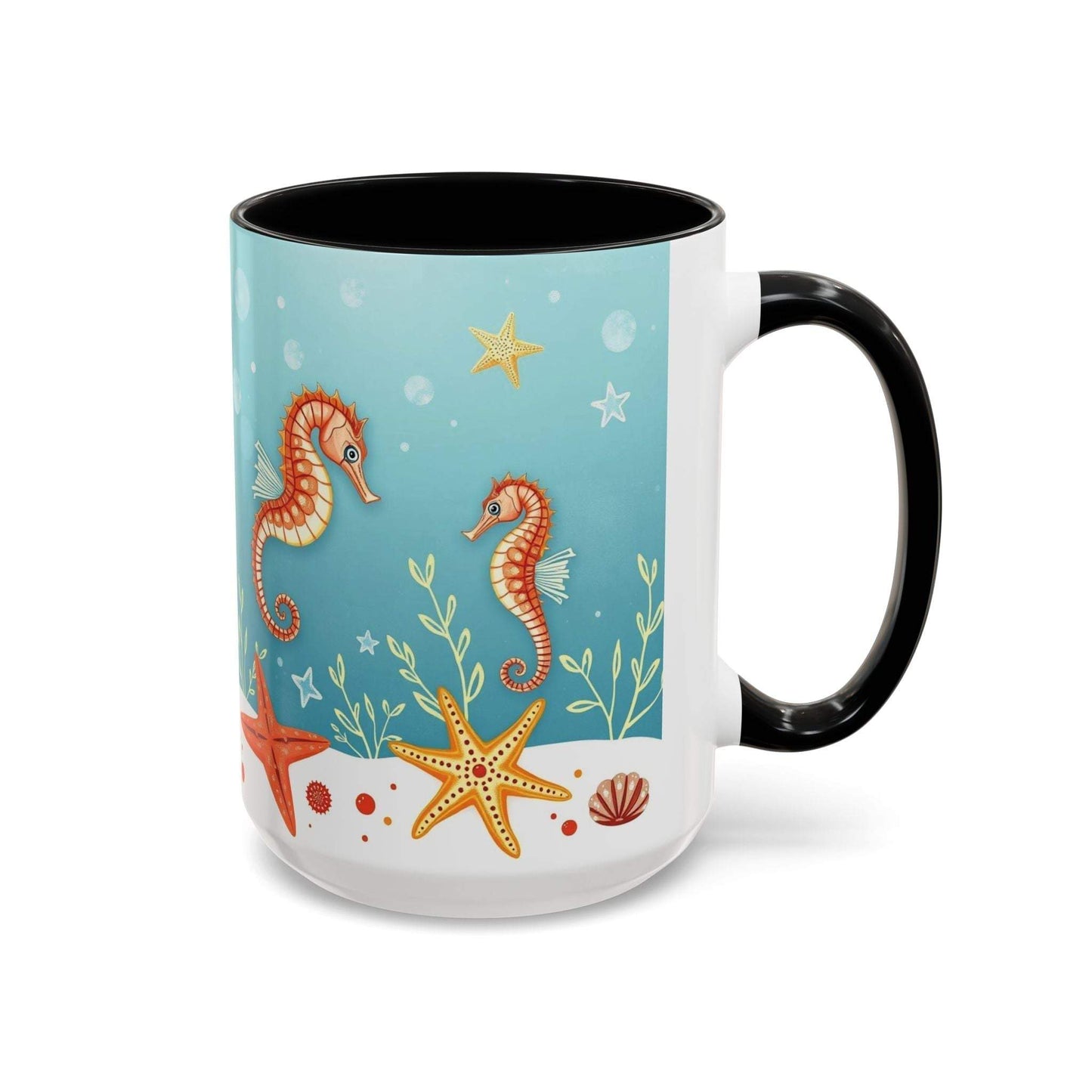 Ocean-themed accent coffee mug featuring seahorses and starfish design.
