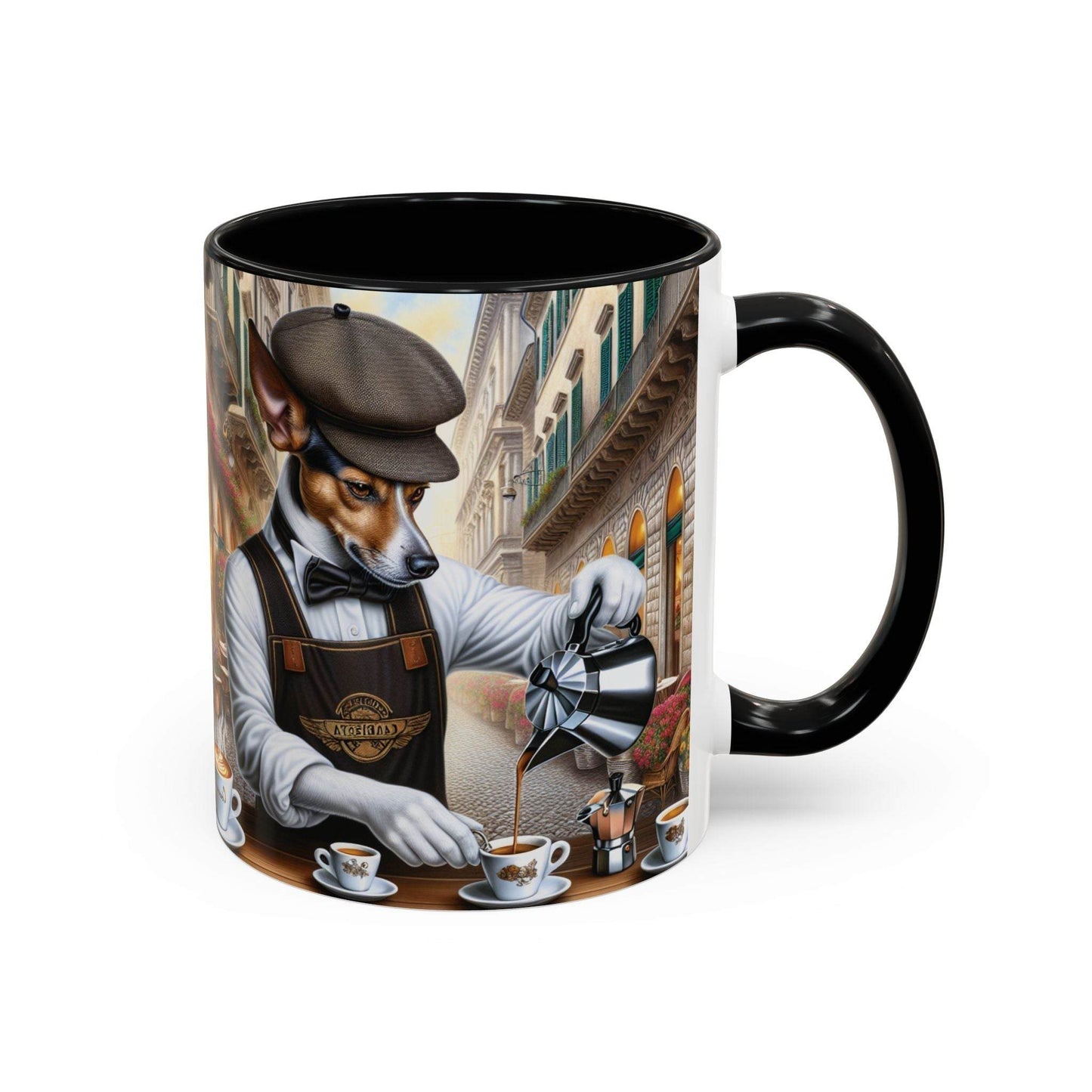 Artistic Dog Barista Coffee Mug with unique design, available in 11oz and 15oz sizes, perfect for dog and coffee lovers.