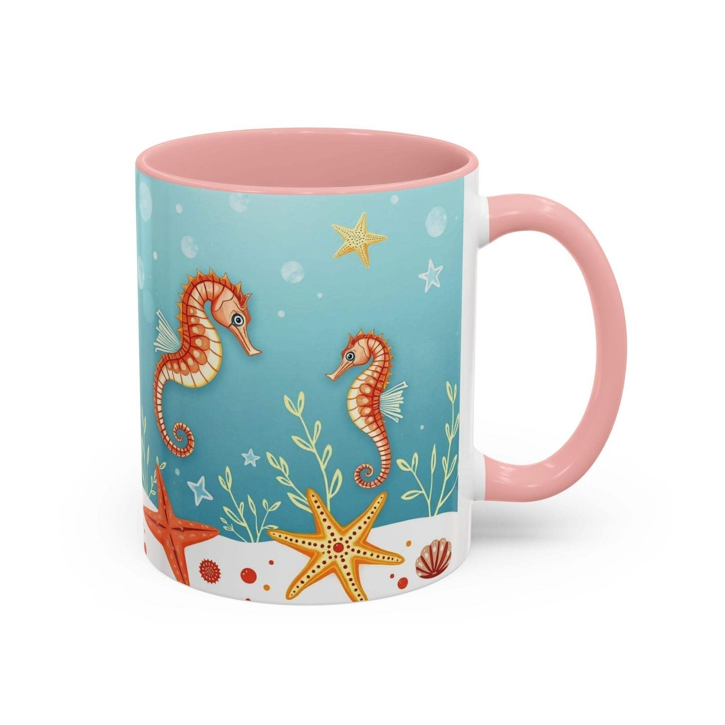 Ocean-themed accent coffee mug with seahorses and starfish design.