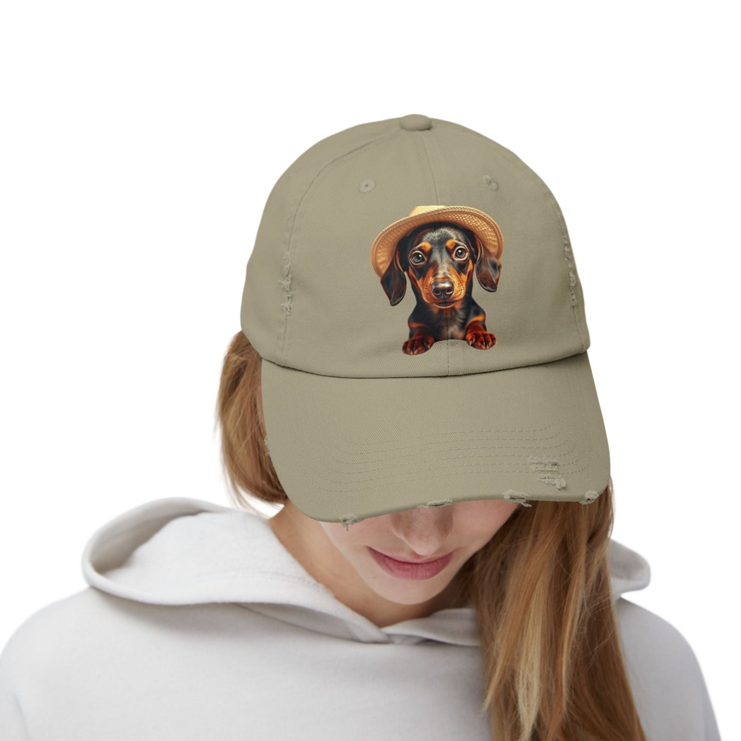 Dachshund distressed baseball cap with vintage design and adjustable strap.