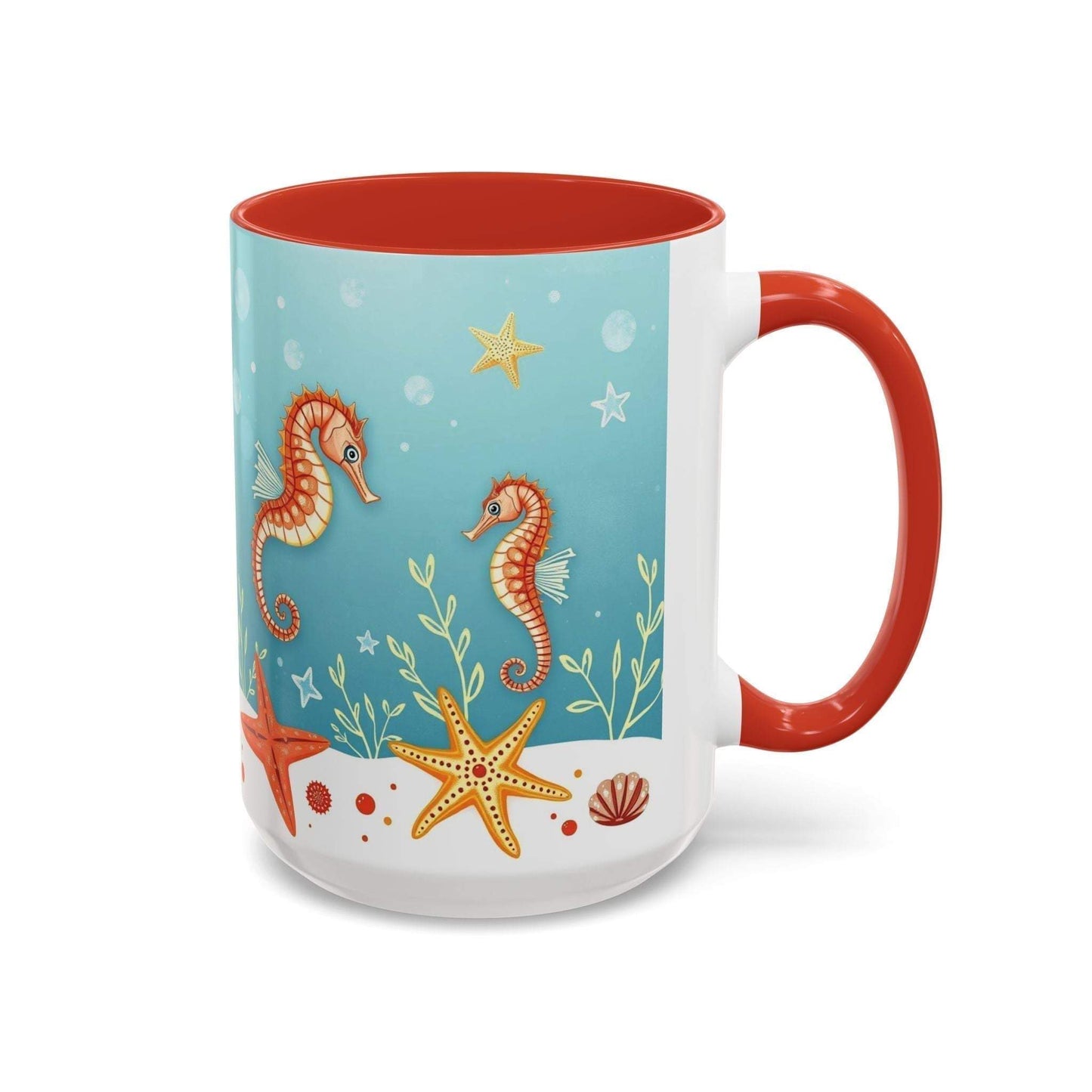 Ocean-themed accent coffee mug with seahorses and starfish design.
