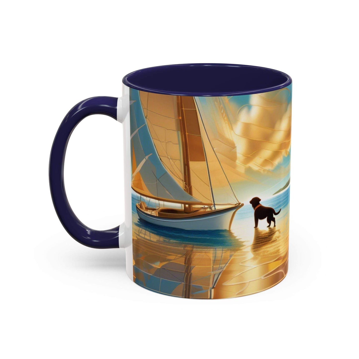 Serene Sunset Dog Lover's Mug featuring vibrant colors and dog artwork, available in 11oz and 15oz sizes.