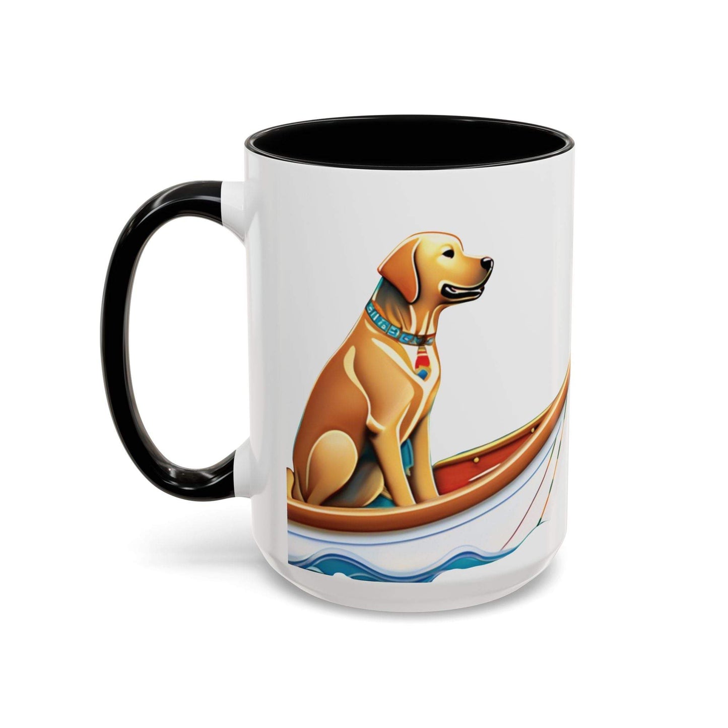 Nautical Dog Lover Coffee Mug with colorful boat design, available in 11oz and 15oz sizes.