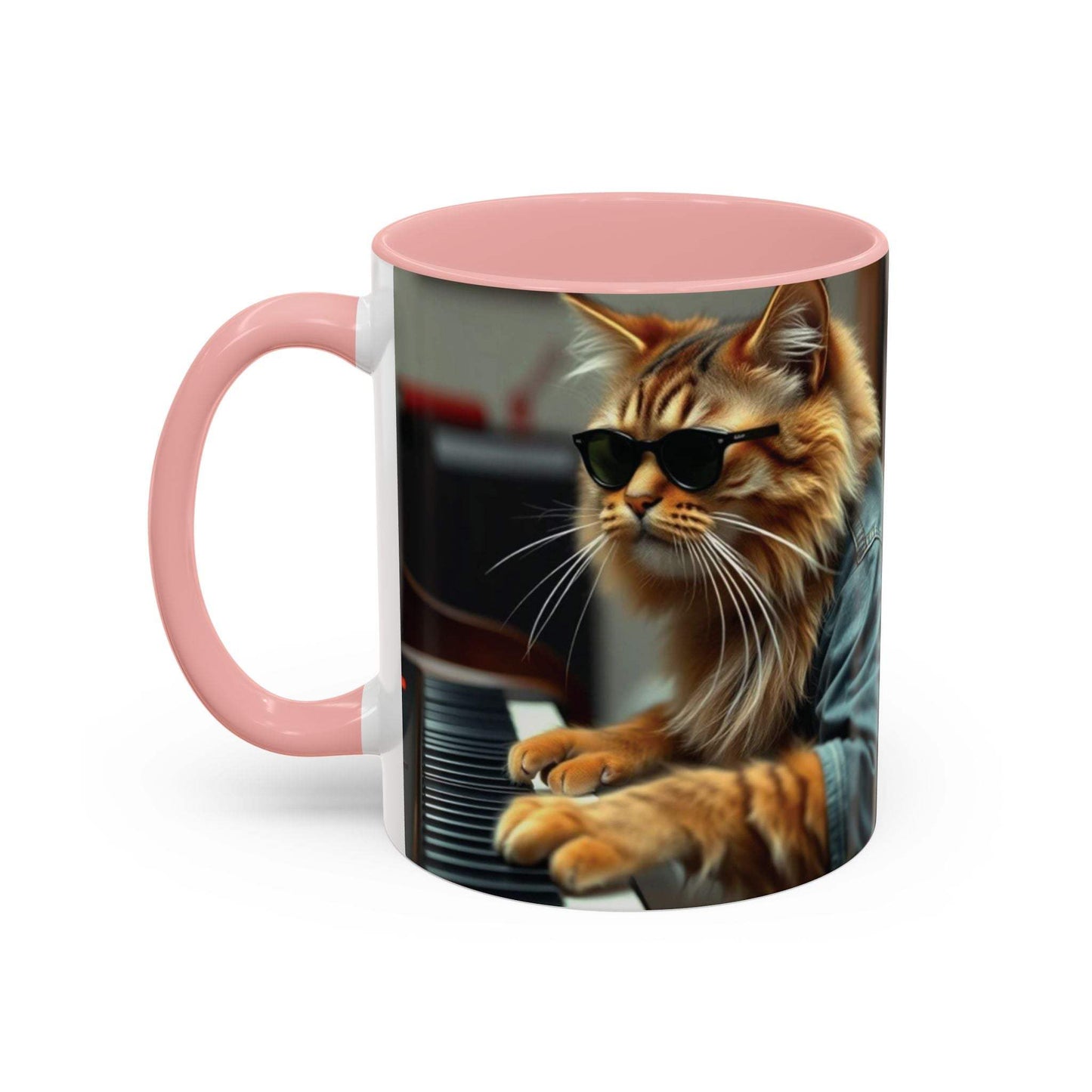 Cool Cat Musician Coffee Mug with pink handle and interior, featuring a stylish cat playing piano, perfect gift for cat lovers.